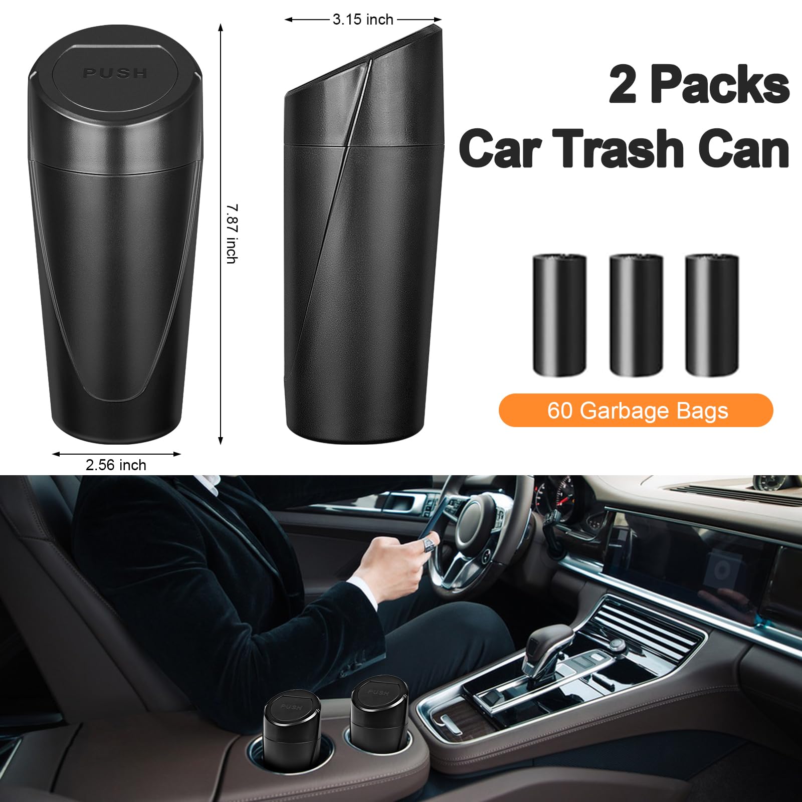 2 Pack Leakproof Car Trash Can with Lid & 60 Trash Bags - Mini Cup Holder Garbage Bin for Vehicle Front/Back Seat - Car Organizer for Home, Office & Travel - Perfect for Road Trips, Commuting & Daily Use