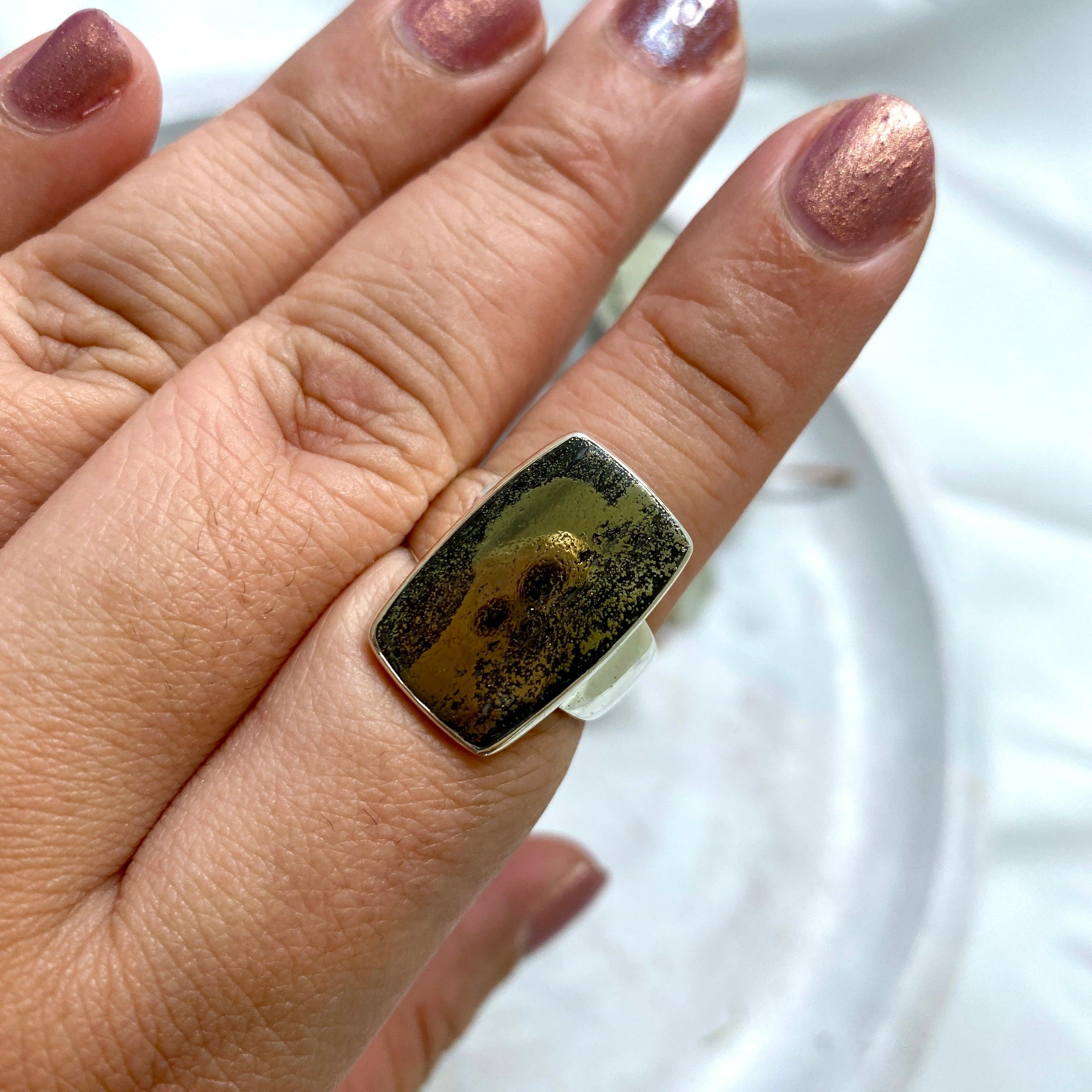 Healer's Gold (Pyrite in Magnetite) Rectangular Ring - Size 9 - KRGJ2401 - Perfect for Spiritual Healing, Energy Work & Boho Fashion Jewelry