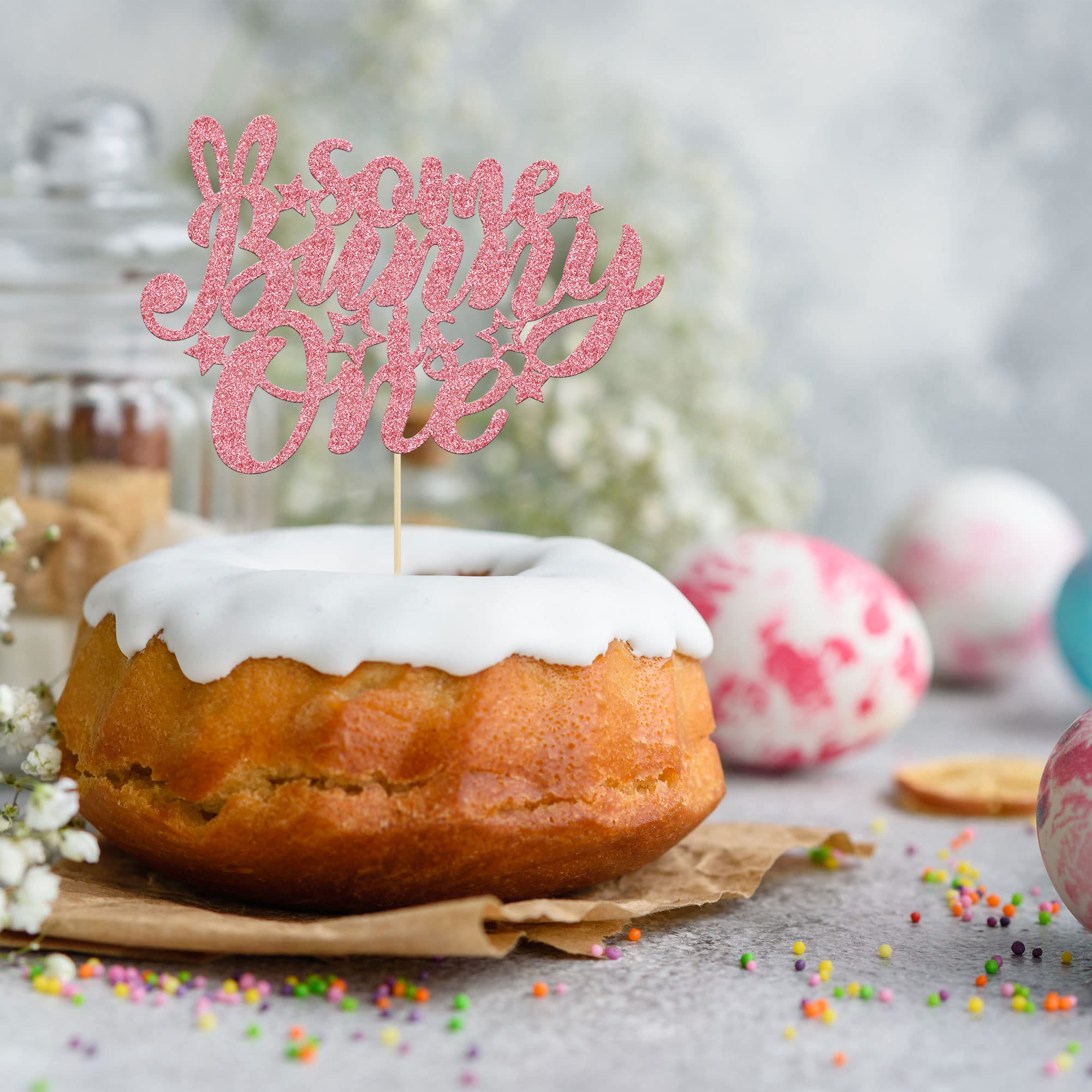 Gyufise Pink Glitter Some Bunny Is One Cake Topper - Easter Cake Decorations for 1st Birthday Party, Baby Shower & Spring Celebrations - Perfect for Boys & Girls Birthday Decor, Easter Theme Parties & Special Occasions