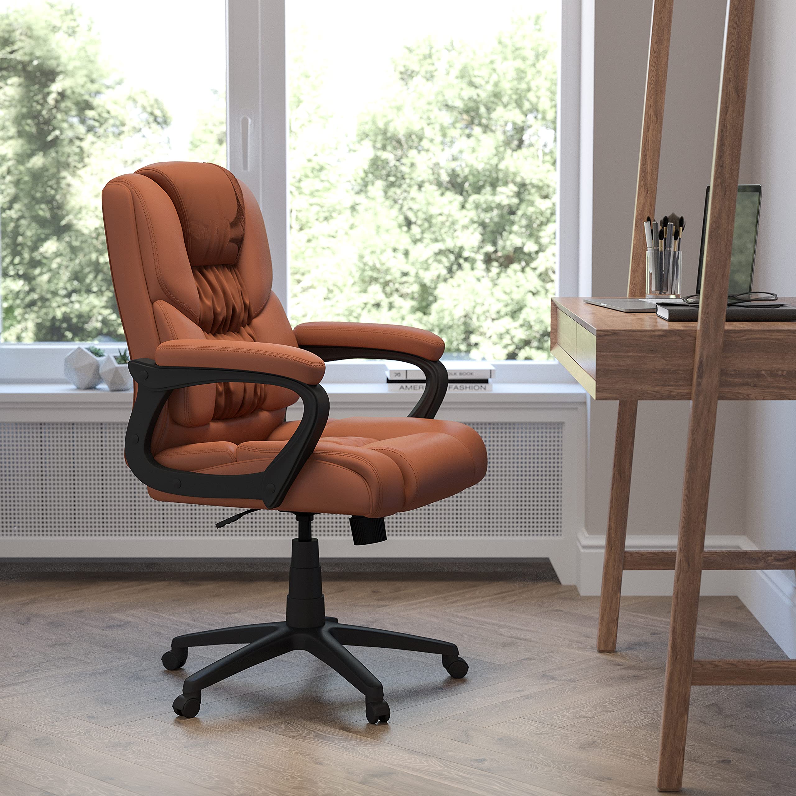 Big & Tall 400 lb. Rated Brown LeatherSoft Swivel Office Chair with Padded Arms - Heavy Duty Executive Desk Chair for Home & Office Workspace