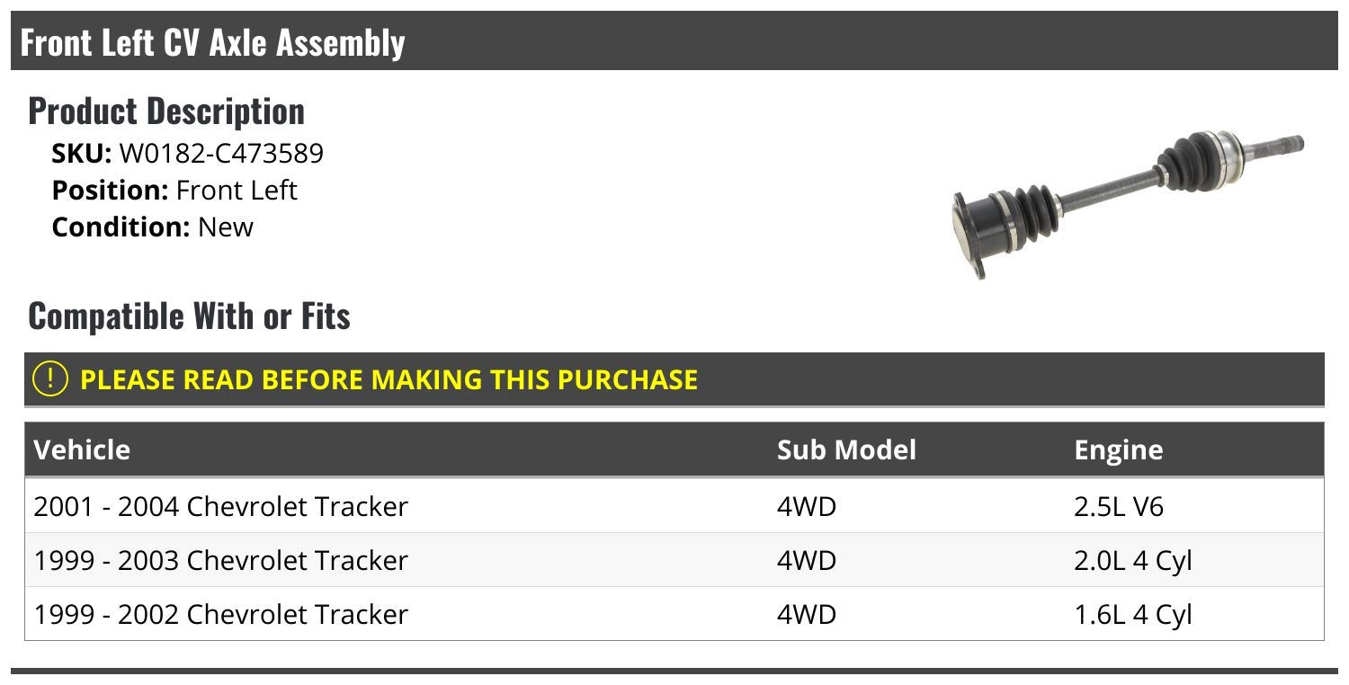1999-2004 Chevy Tracker 4WD Front Left Driver Side CV Axle Assembly Replacement - Durable OEM Fit for Off-Road & Daily Driving