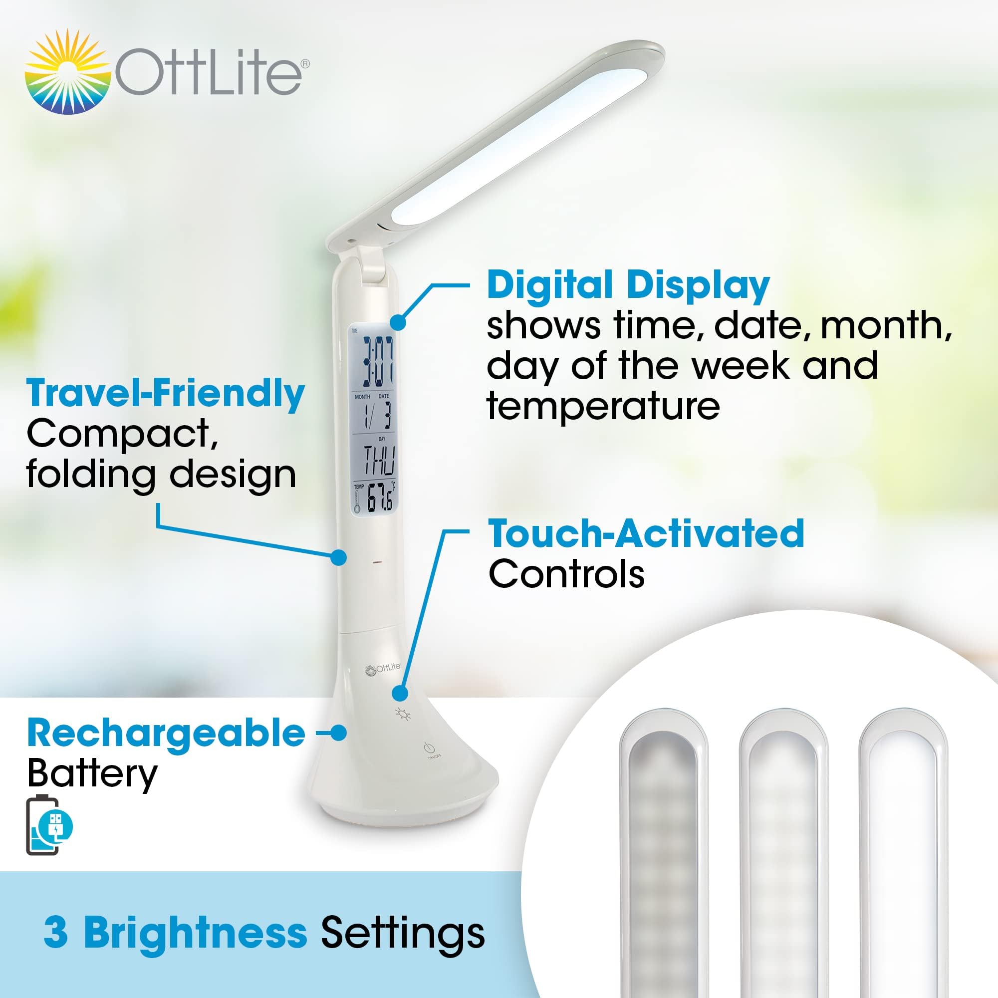 OttLite Travel LED Task Lamp with ClearSun LED Technology - Cordless, Rechargeable Desk Lamp with Digital Display & Touch Controls - Portable Reading Light for Home, Office, Dorm, Camping & Travel Use