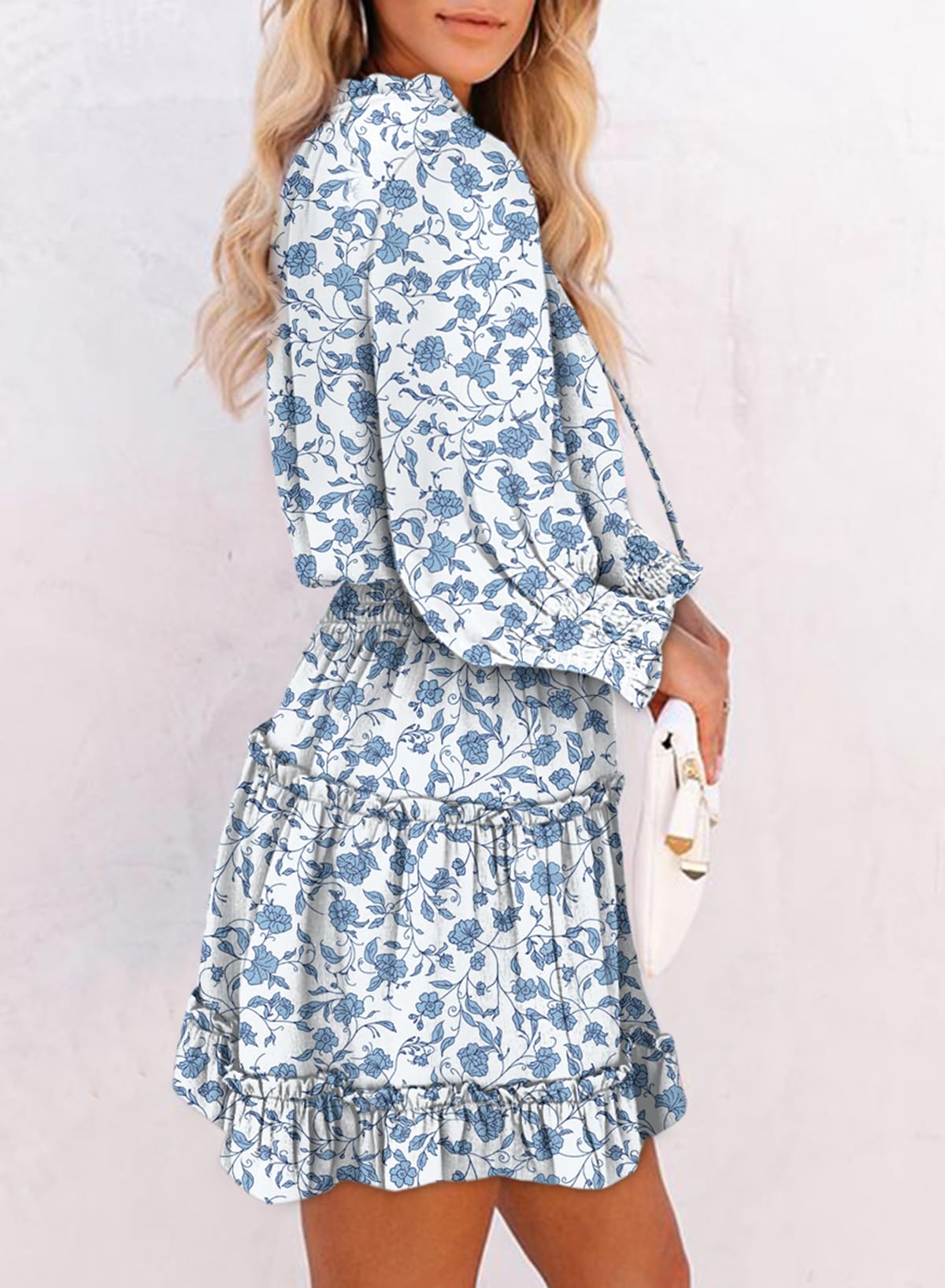 2025 Boho Floral Print Chiffon Mini Dress with V-Neck, Long Sleeves & Tiered Ruffle - Dokotoo Women's Spring Smocked Waist Short Dress for Casual Outings & Garden Parties