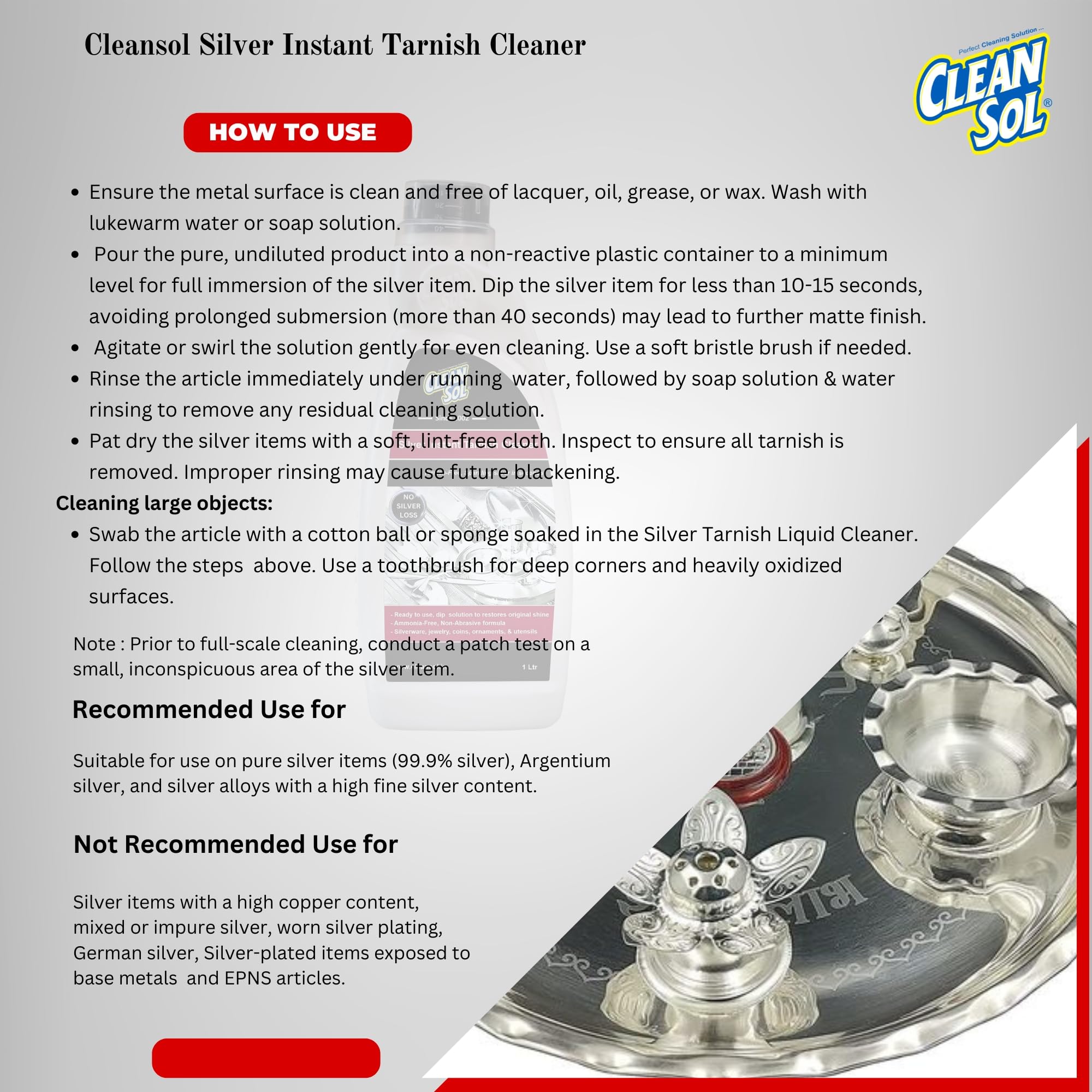 Cleansol Silver Cleaning Liquid - Fast-Acting Silver Dip & Tarnish Remover for Jewelry, Silverware & Antiques (250ml) - Perfect for Polishing Rings, Necklaces, Cutlery & Collectibles