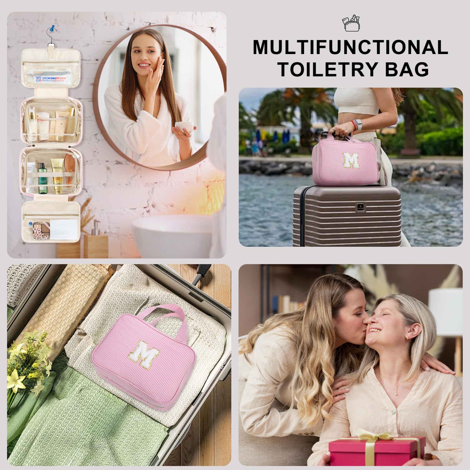 TOPEAST Hanging Toiletry Bag for Women - Large Travel Makeup Organizer for Shampoo & Cosmetics (Letter C) - Perfect for Vacation & Business Trips