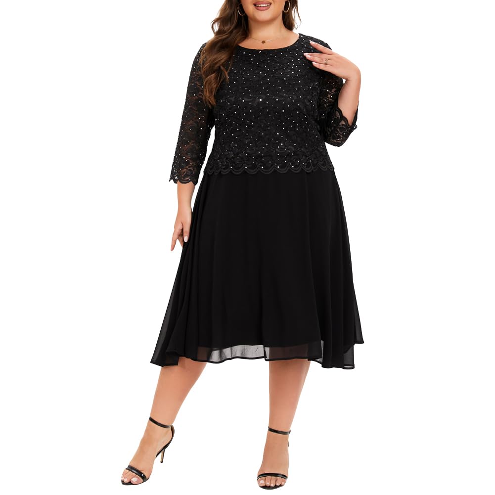 Plus Size Sequin Lace Tea Length Dress for Women - Elegant Mother of the Bride Dress for Weddings, Parties & Special Occasions | Perfect for Cocktail Receptions, Anniversary Celebrations & Formal Events