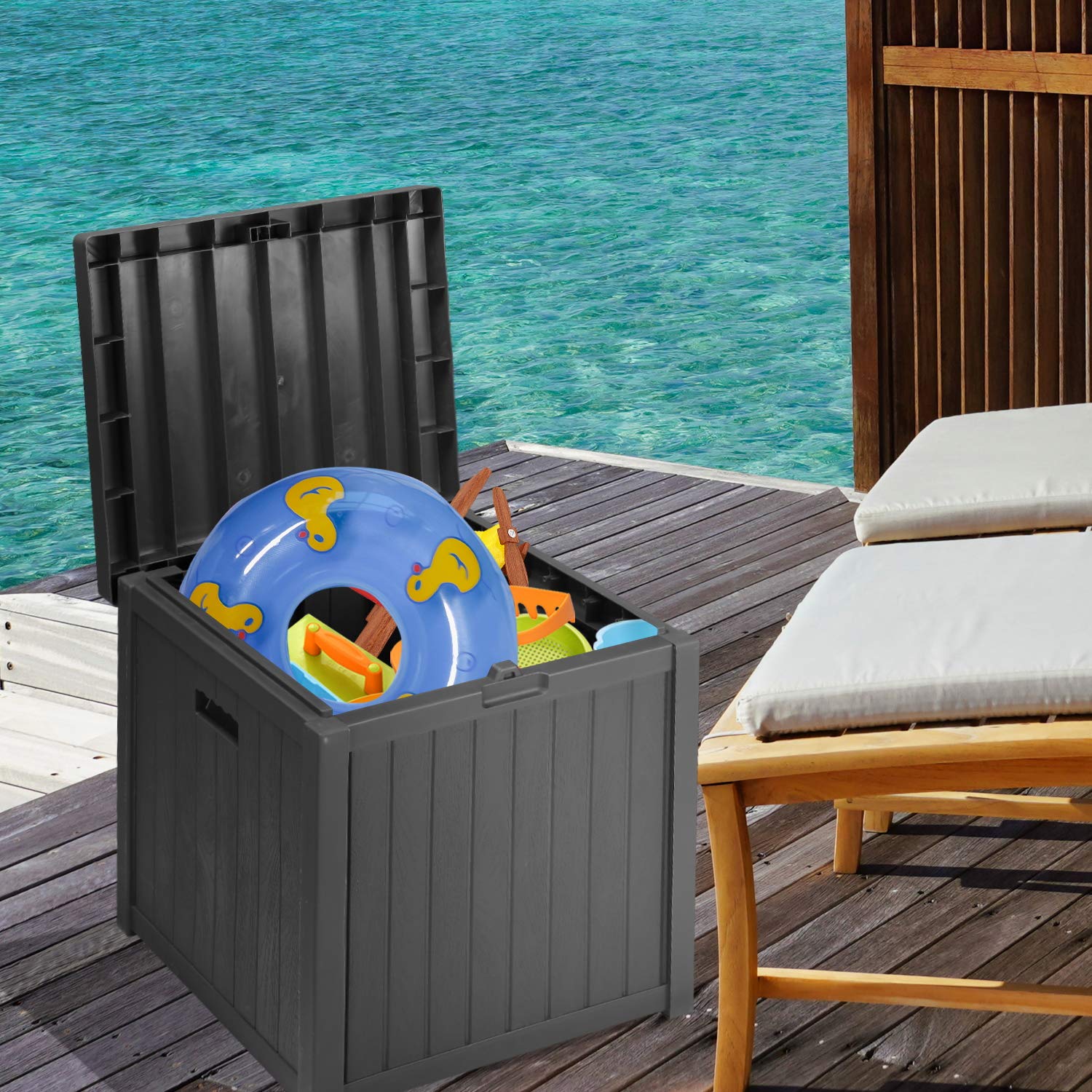 51 Gallon Deck Box - Lightweight Resin Outdoor Storage Container with Seat | Waterproof Patio Furniture Cover for Cushions & Gardening Tools | Perfect for Backyard, Garden, and Poolside Organization