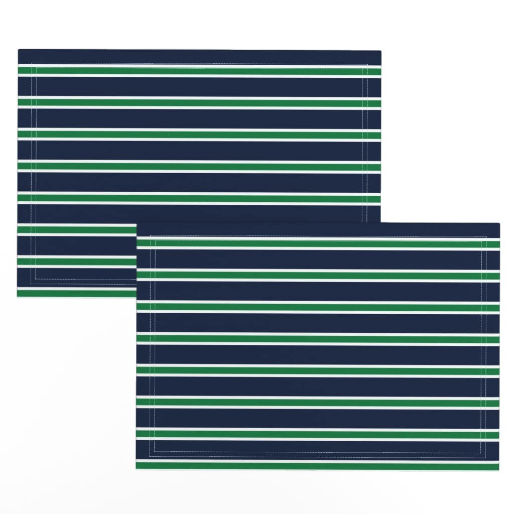 Premium Linen Cotton Canvas Placemats Set of 2 - Green Navy Striped Traditional Preppy Print Table Mats for Dining Room, Kitchen, and Party Decor