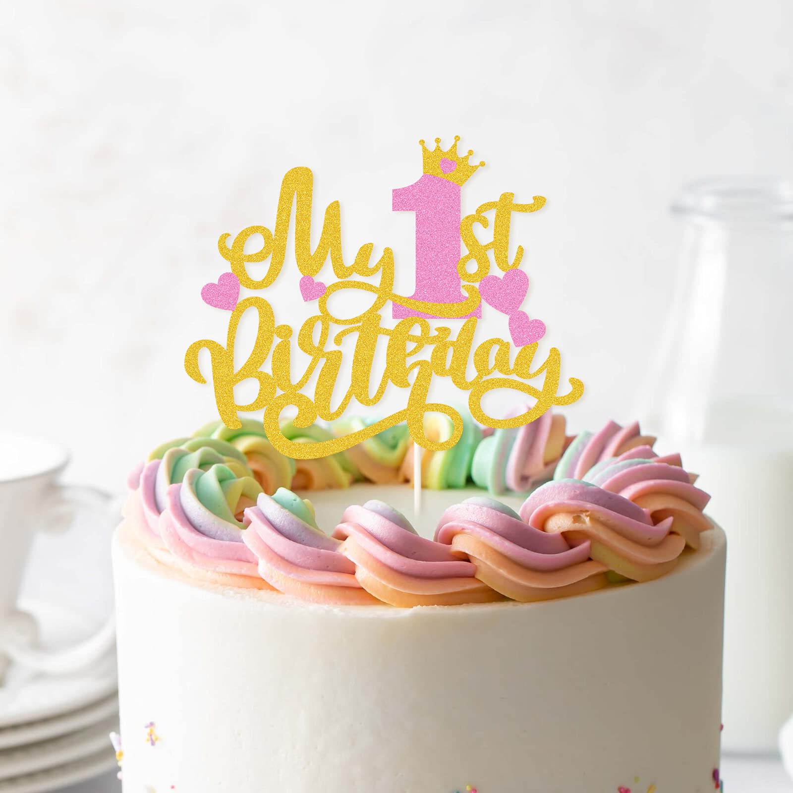 Pink Gold Glitter My 1st Birthday Cake Topper - Happy 1st Birthday Party Decorations for Girls - One Year Old Cake Decor - Baby Shower Party Supplies | Perfect for Birthday Cakes, Cupcakes, Dessert Tables & Nursery Decorations