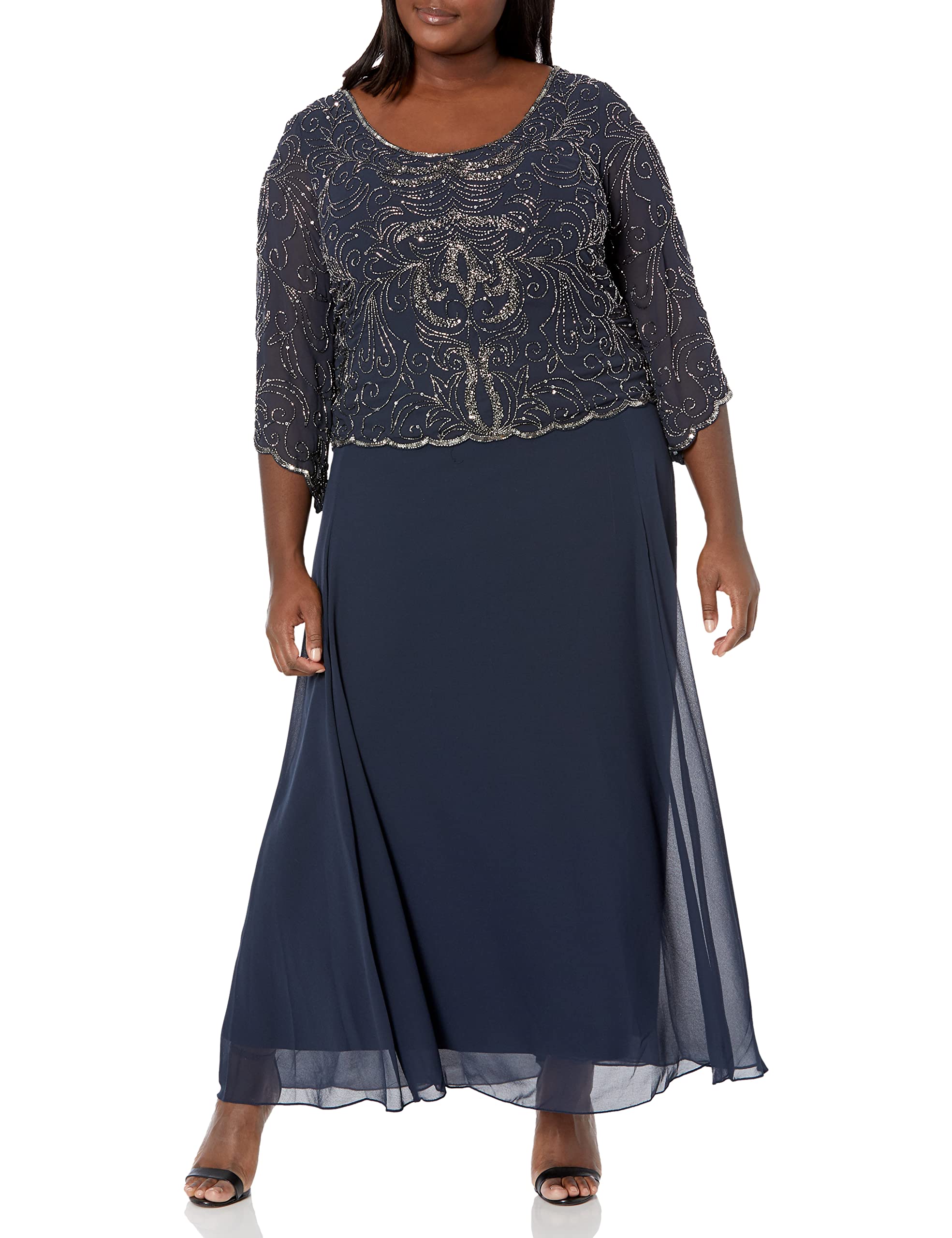 J Kara Women's Plus Size Beaded Scoop Neck Long Sleeve Maxi Dress for Evening Party, Wedding Guest, Prom & Special Occasions