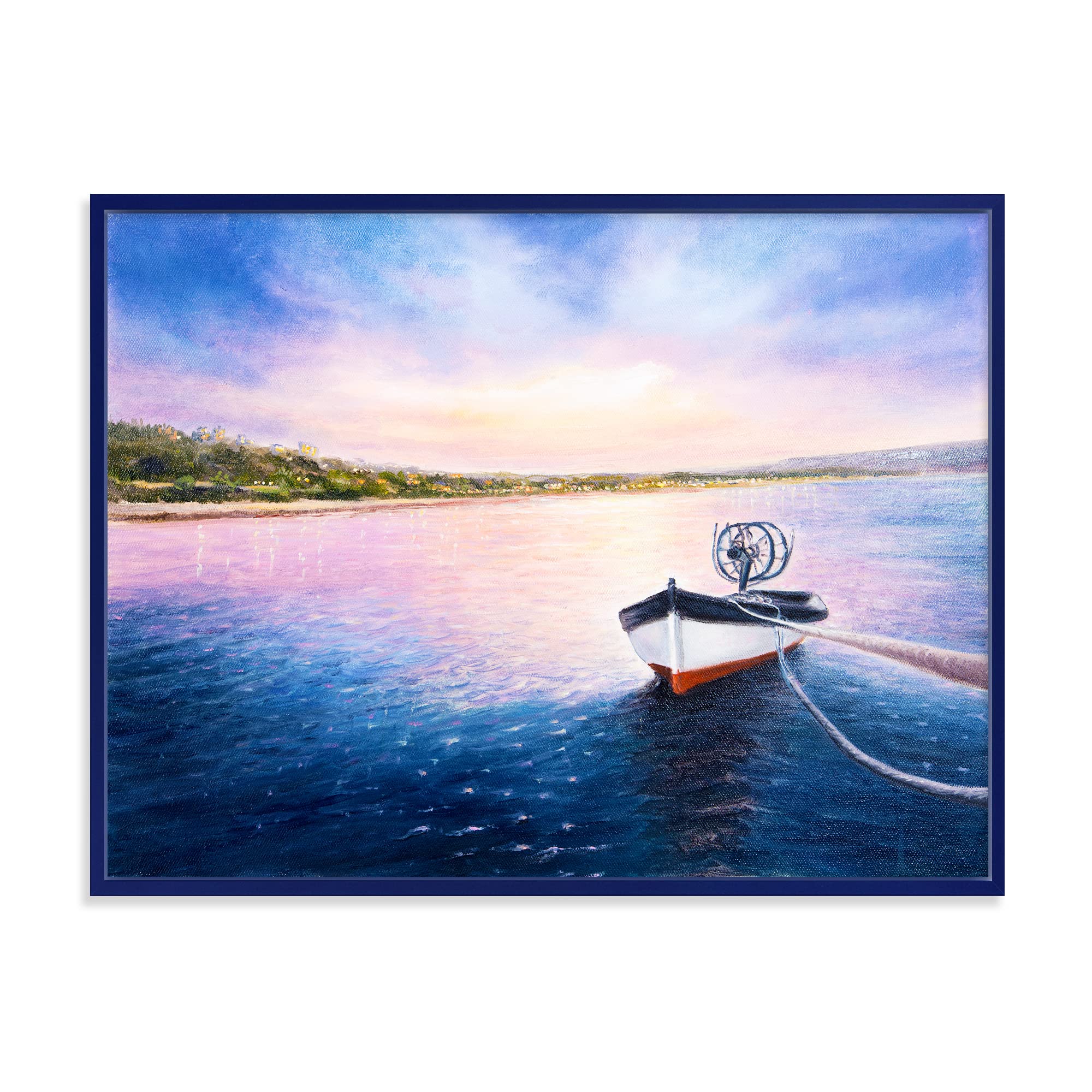 DesignQ Framed Canvas Wall Art Print - Fishing Boat by the Shore at Vibrant Sunset, Perfect for Lake House Decor & Living Room Wall Art