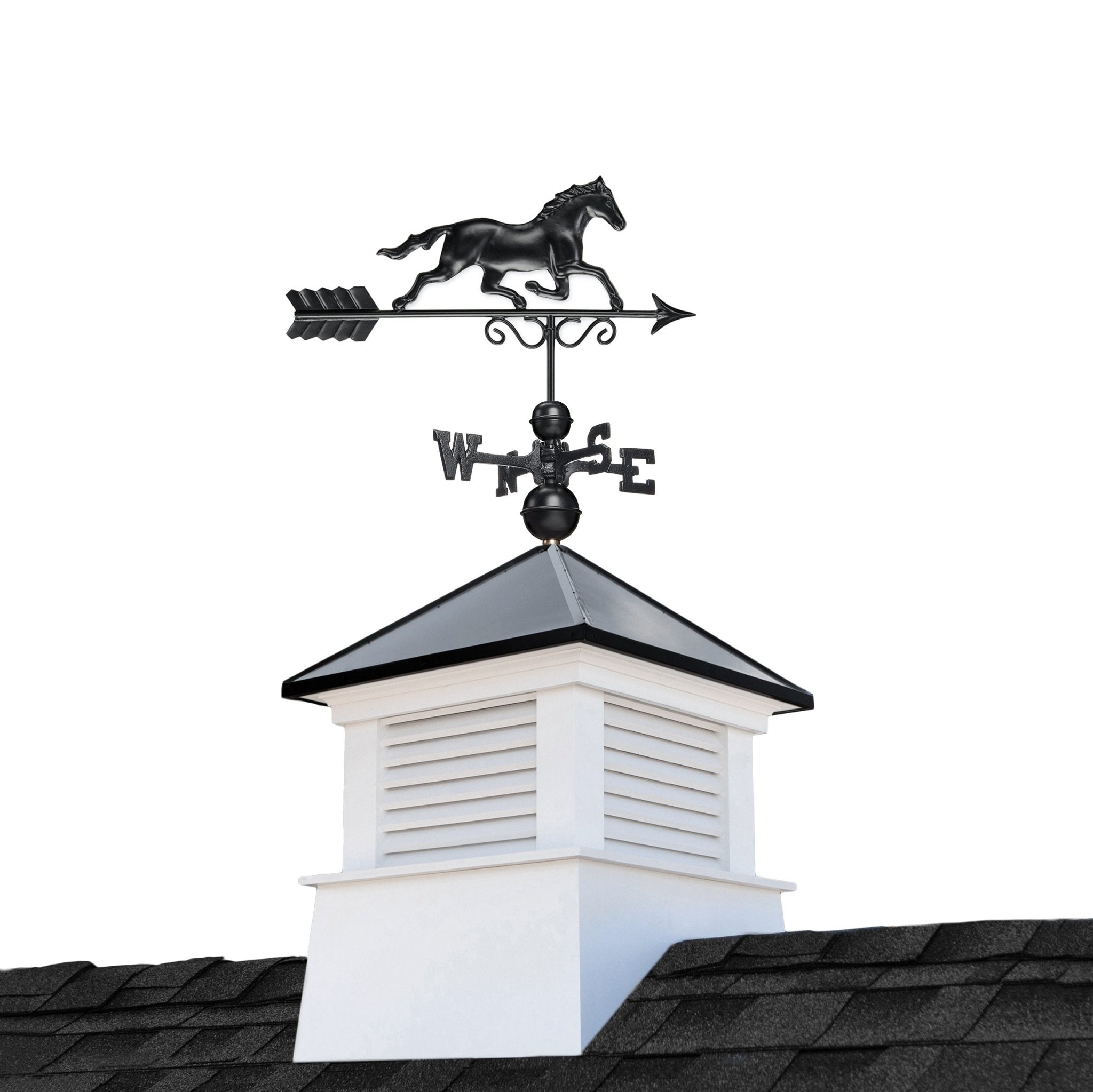 26 Sq Ft Manchester Vinyl Cupola with Black Aluminum Roof & Horse - Weatherproof Outdoor Decoration for Barn, Shed, or Garden