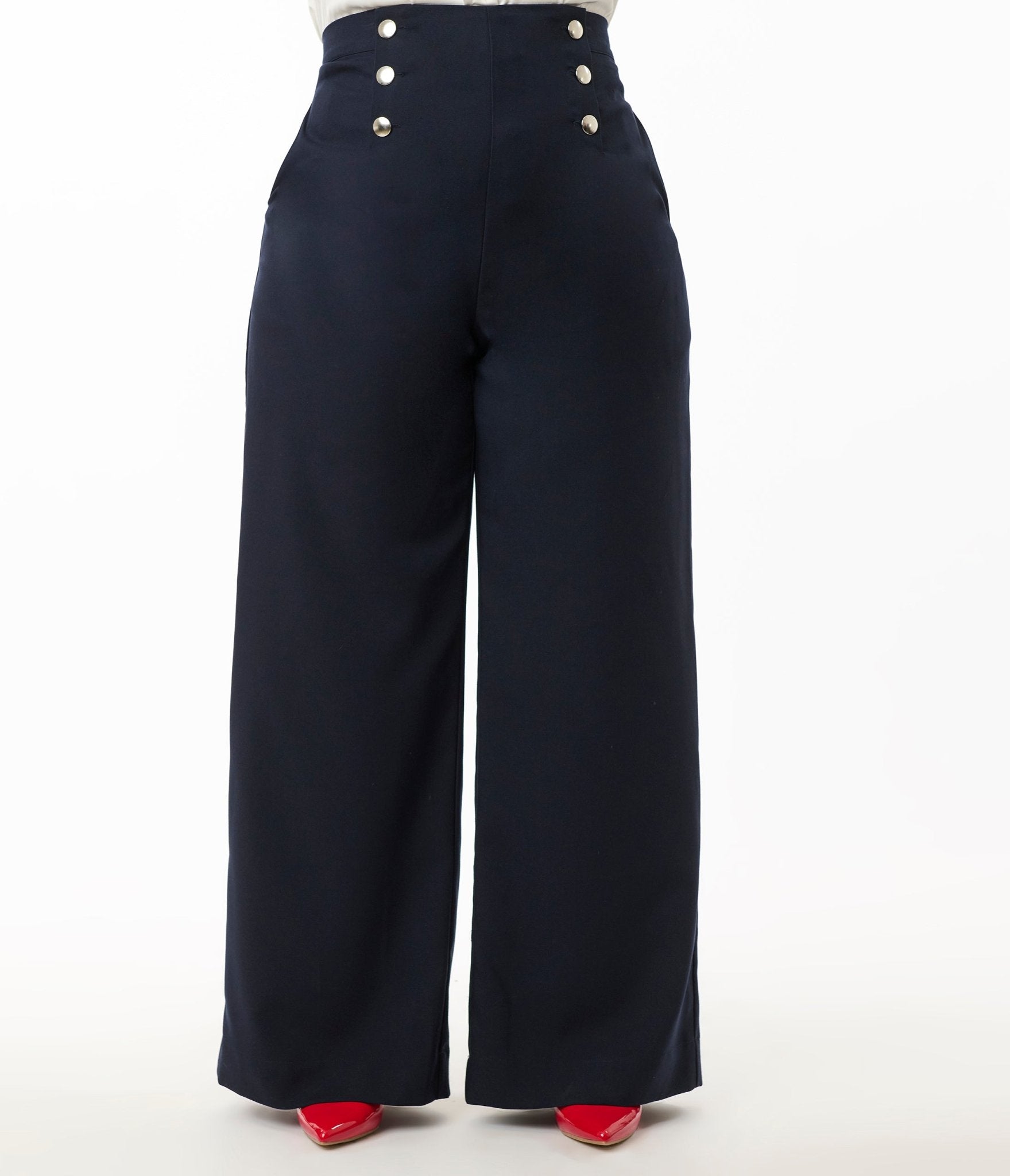 Smak Parlour Plus Size Navy & Silver Button Wide Leg Sailor Pants for Women - Comfortable High Waisted Trousers for Work, Office & Casual Outfits