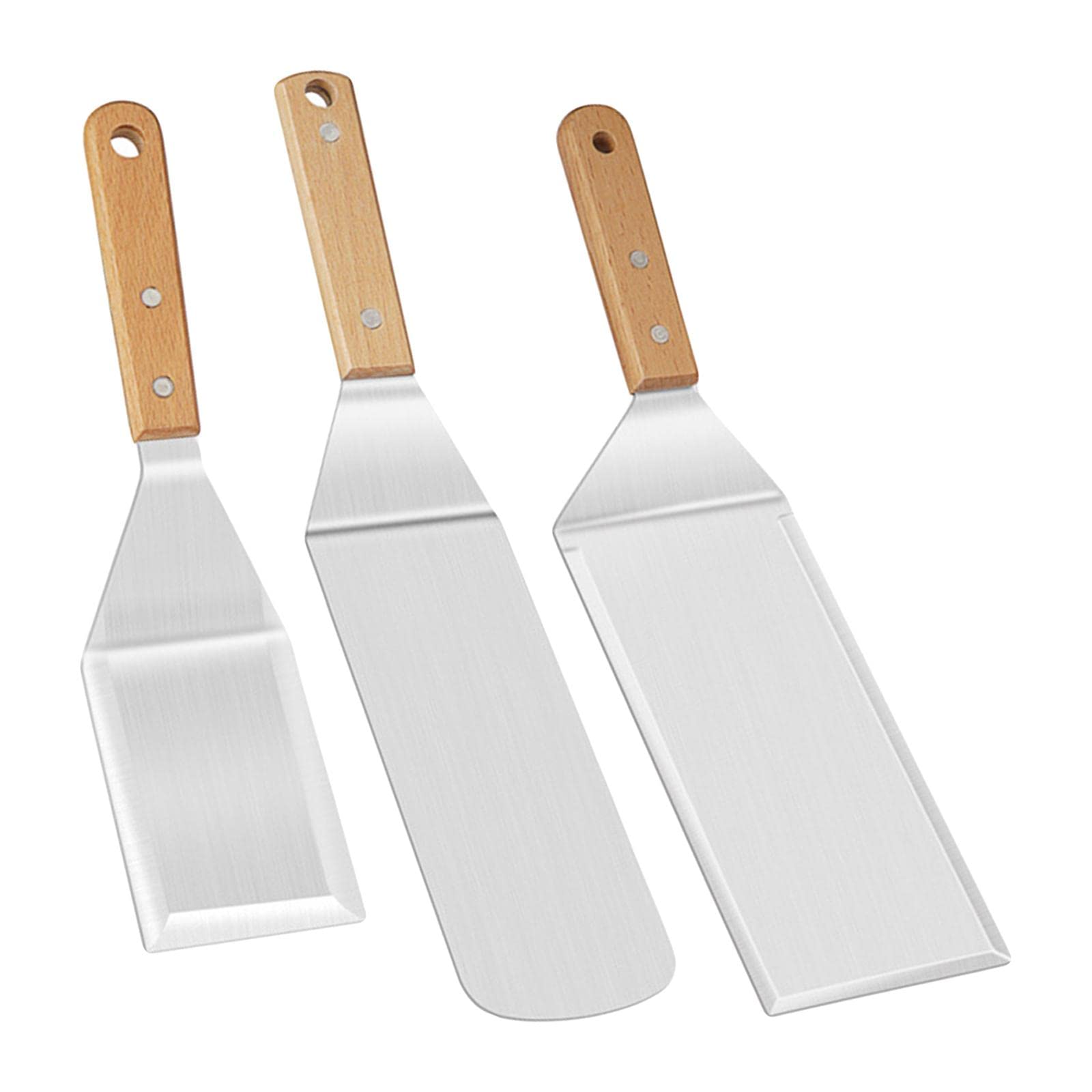 Premium Stainless Steel Spatula Set with Ergonomic Wooden Handle - Heavy Duty BBQ Spatula for Grilling, Flipping Burgers & Pancakes - Perfect for Outdoor Camping, Backyard Cookouts & Professional Kitchen Use (3-Piece Set)