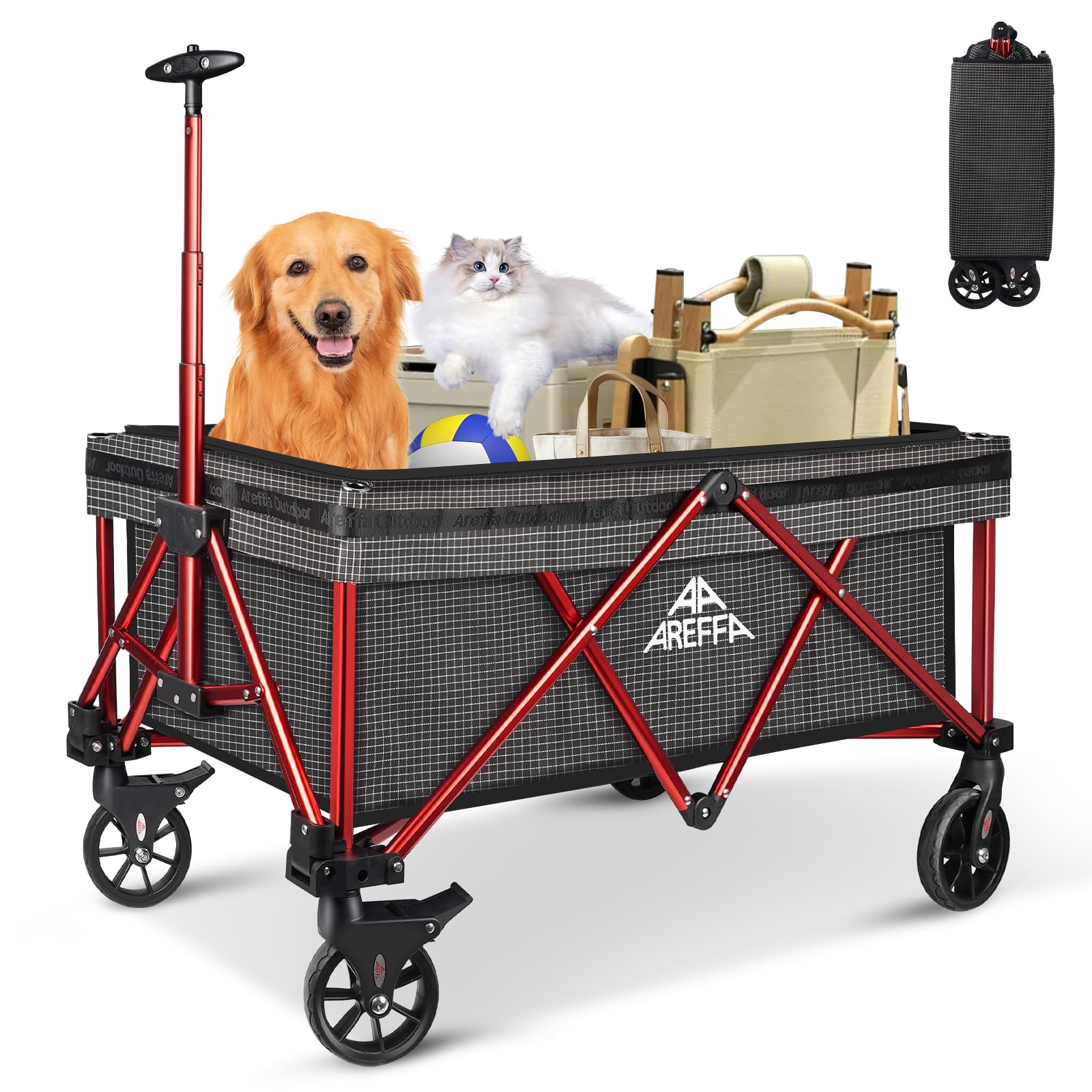 Foldable Outdoor Utility Cart with All-Terrain Wheels - Heavy Duty Collapsible Wagon for Camping, Grocery Shopping & Beach - Large Capacity AREFFA Folding Wagon for Picnics, Gardening, and Outdoor Adventures