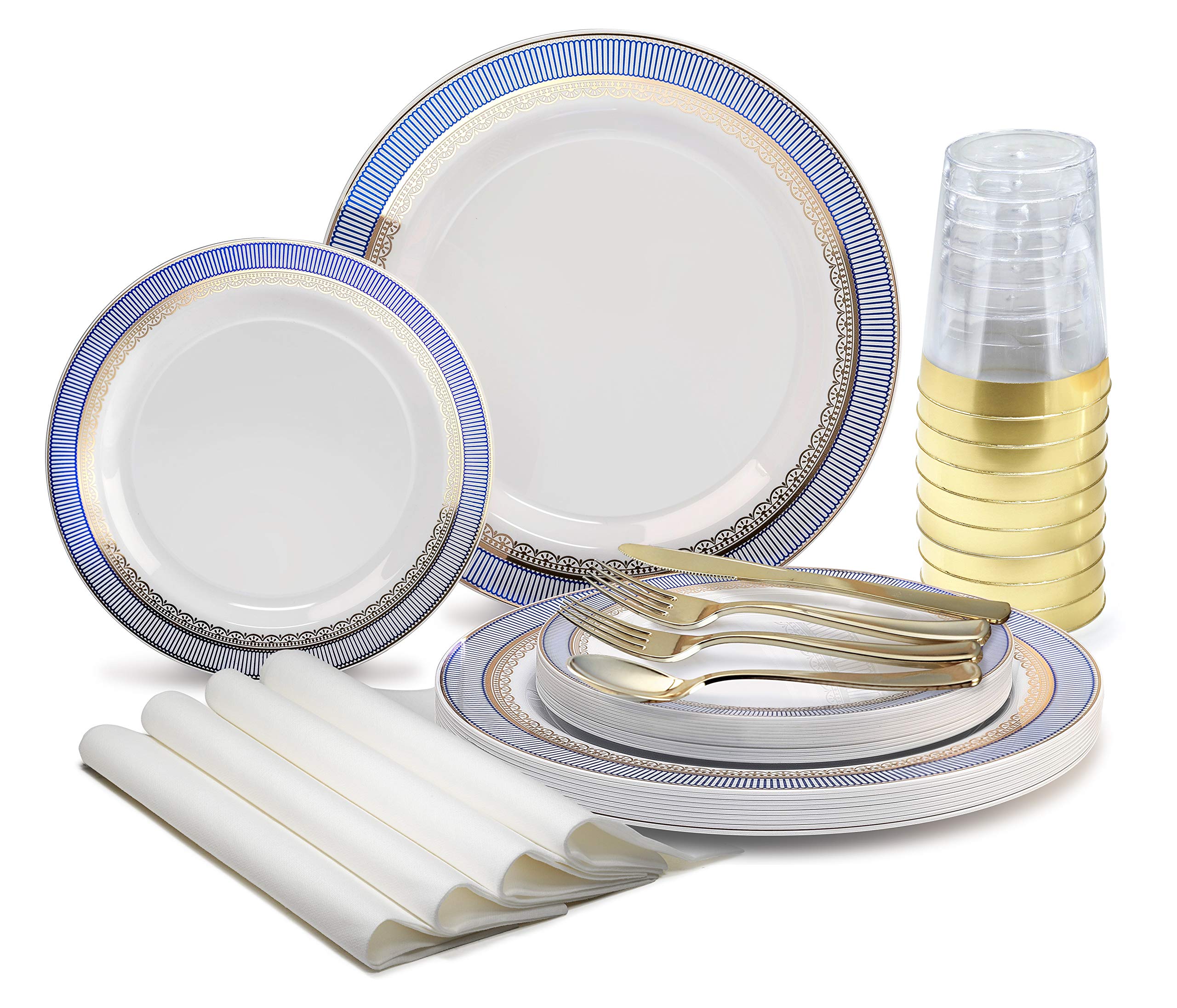 640-Piece Heavyweight Disposable Plastic Plate Set for 80 Guests - 10.5'' & 7.5'' Plates, Silverware, Cups & Napkins - Louvre White with Blue & Gold - Perfect for Weddings, Parties & Events