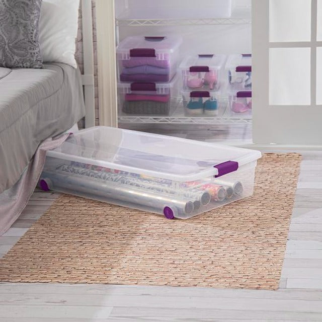Sterilite 60 Quart Clear Plastic Underbed Storage Box with Latching Lid - Organize Clothes, Shoes, Seasonal Items Under Bed or in Closet