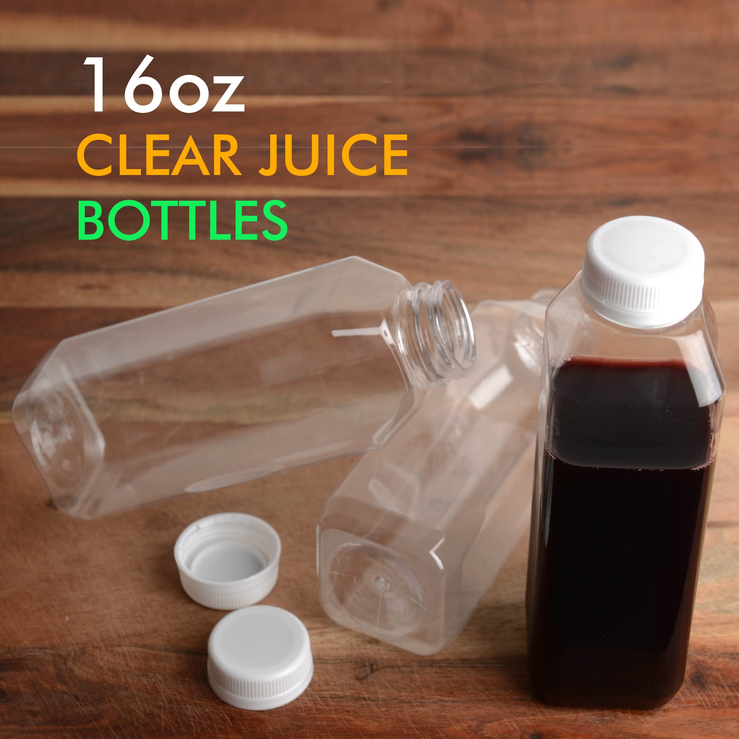 EcoQuality 16oz Clear Plastic Juice Bottles with Tamper Evident Caps - BPA Free, Reusable Smoothie & Drink Containers for Juices, Milk, Meal Prep, Picnics & Home Brewing (Pack of 100) - Perfect for Restaurants, Cafes & DIY Beverage Businesses