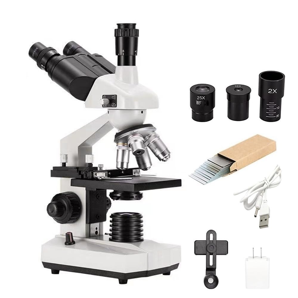 40X-5000X Professional Trinocular Compound Microscope for Adults & Lab Use - with WF10X & WF25X Eyepieces, Abbe Condenser, Microscope Slides - PC/Phone Screen Link Compatible - Perfect for Biological Research, Classroom Education & Scientific Exploration