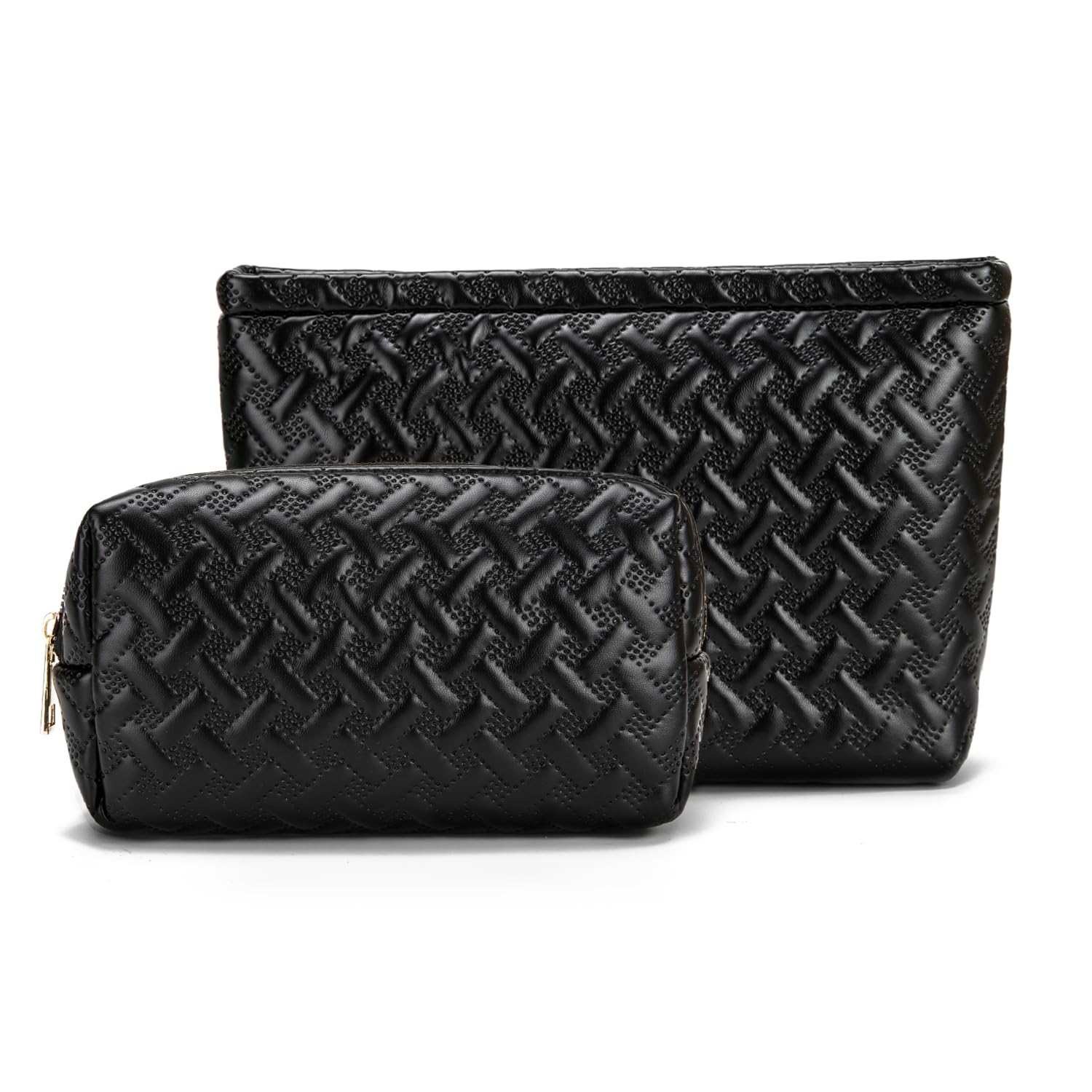 2 Pack Vegan Leather Makeup Bag for Women - Travel Toiletry & Cosmetic Organizer with Brush Holder - Perfect for Purse, Gym, Vacation Essentials (Black)