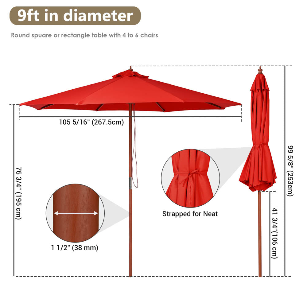 9ft 8 Rib Wood Market Umbrella for Outdoor Restaurant, Garden & Patio - Heavy Duty Commercial Umbrella with Tilt Function for Shade Protection - Perfect for Dining Areas, Poolside & Backyard Use