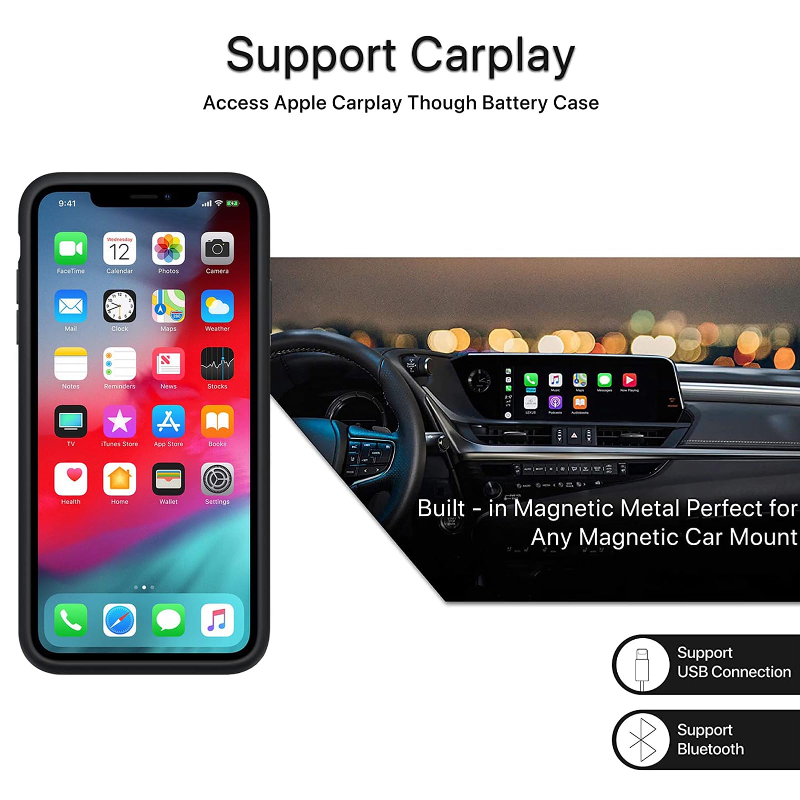 10000mAh Battery Case for iPhone 12/12 Pro - Rechargeable Protective Charging Case with Wireless Charging & CarPlay Support | Portable Extended Power for Travel, Work & Daily Use (6.1 inch, Black)