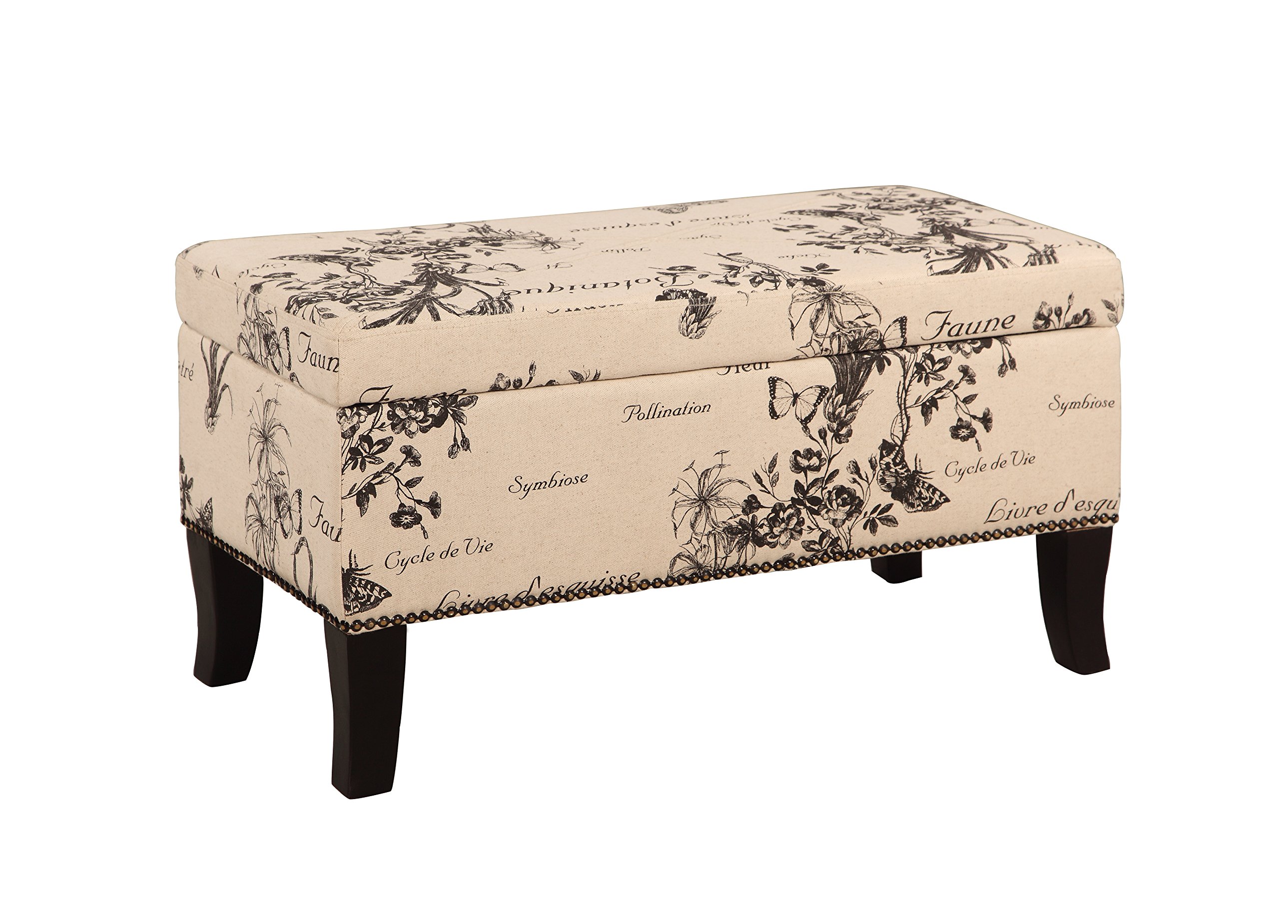 Linon Stephanie Ottoman with Botanical Linen Fabric - Modern Storage Footrest for Living Room, Bedroom & Office - Perfect Accent Piece for Small Spaces