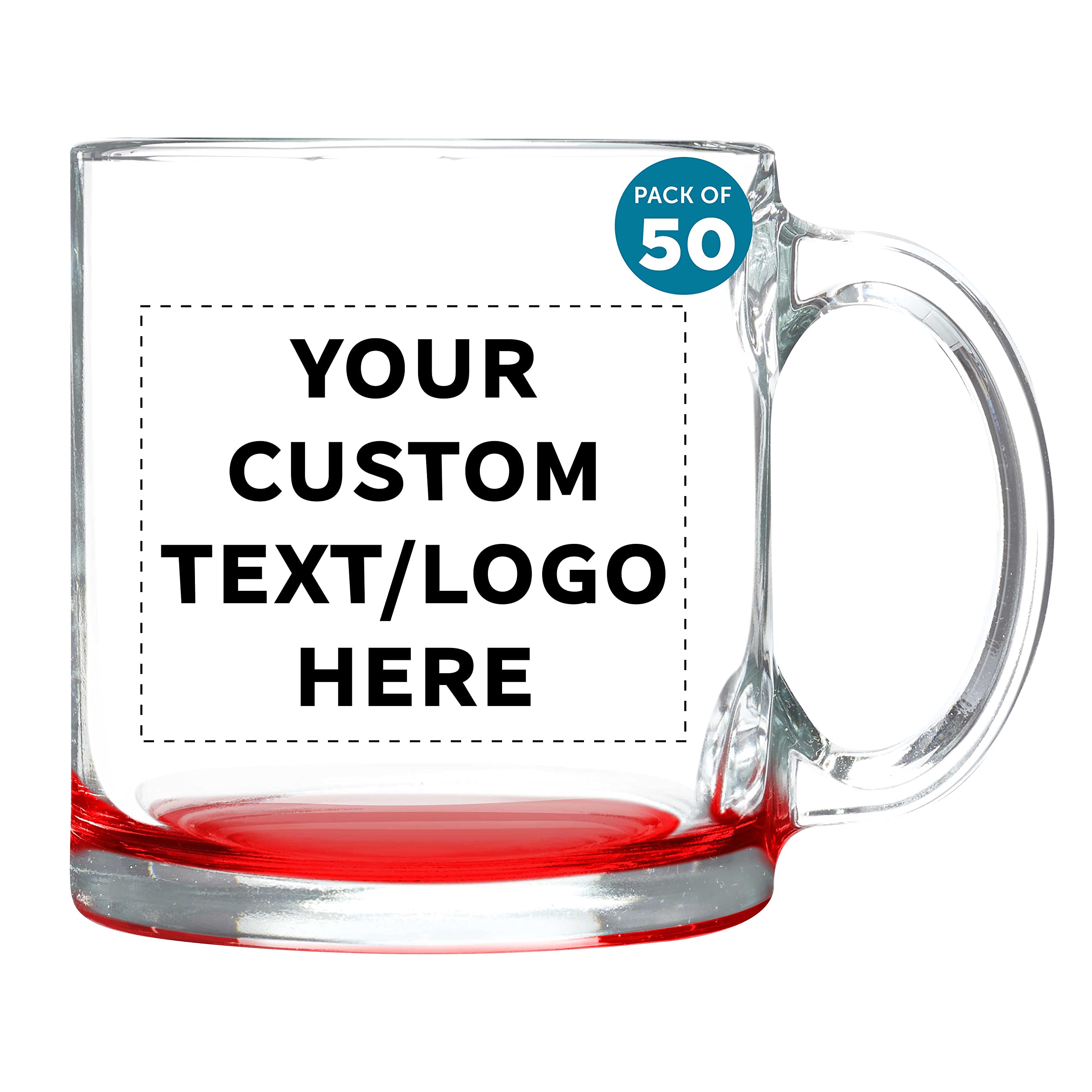 Personalized 13 oz Clear Glass Coffee Mugs Set of 50 - Bulk Libbey Custom Mugs for Coffee, Tea, Espresso & Hot Cocoa - Red Bottom - Ideal for Restaurants, Cafes, Offices & Events