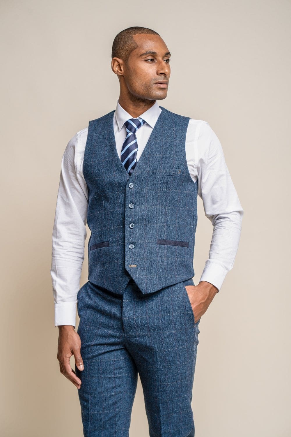 Cavani Carnegi Men's Slim Fit Blue Check Tweed Waistcoat Vest | Formal Office Wear & Wedding Suit Accessory
