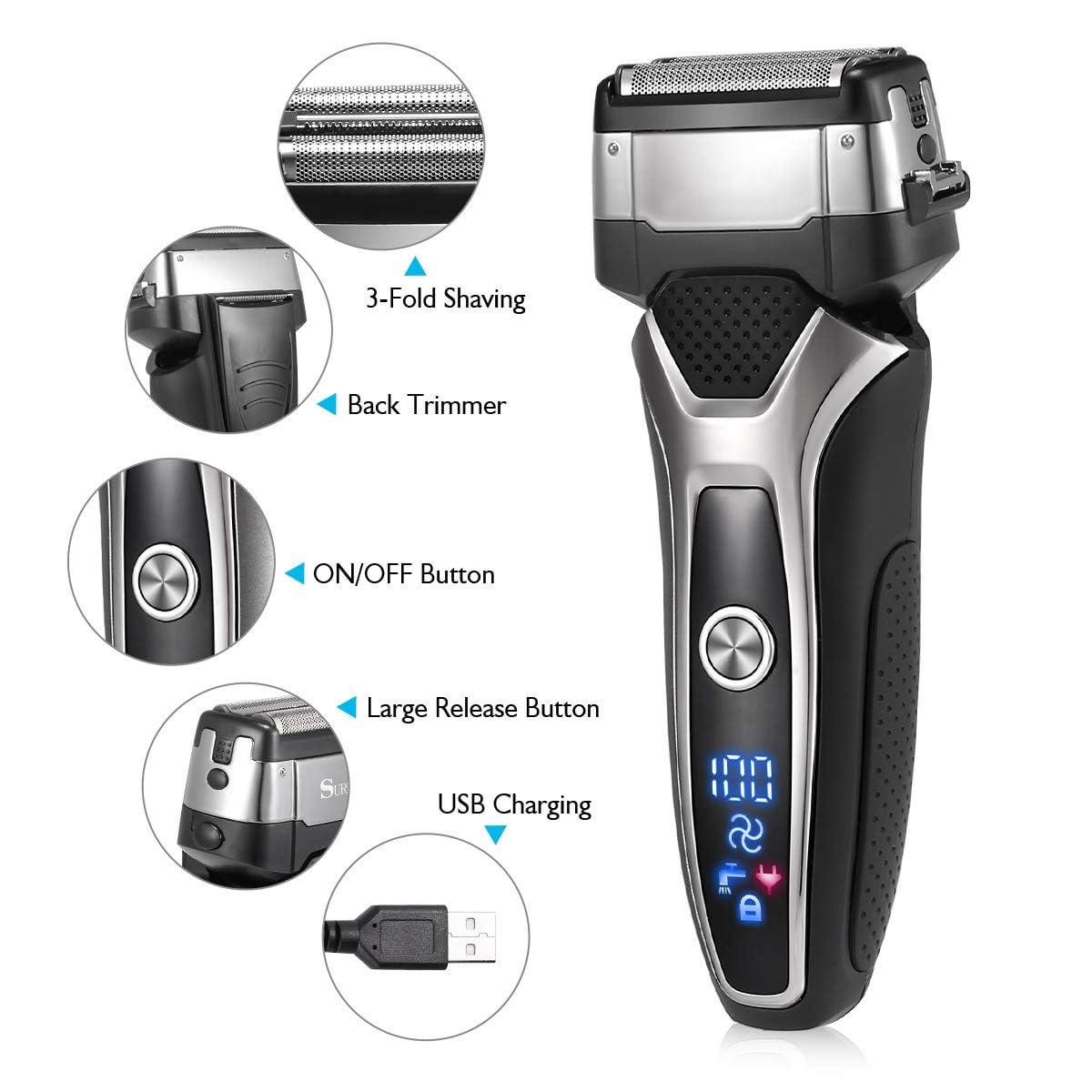 Premium Electric Razor for Men - Wet & Dry Rechargeable Shaver with 3-Blade System, Facial Hair & Beard Trimmer, Stubble Remover (Stand-Alone Blade) - Perfect for Travel, Gym & Daily Grooming Routine