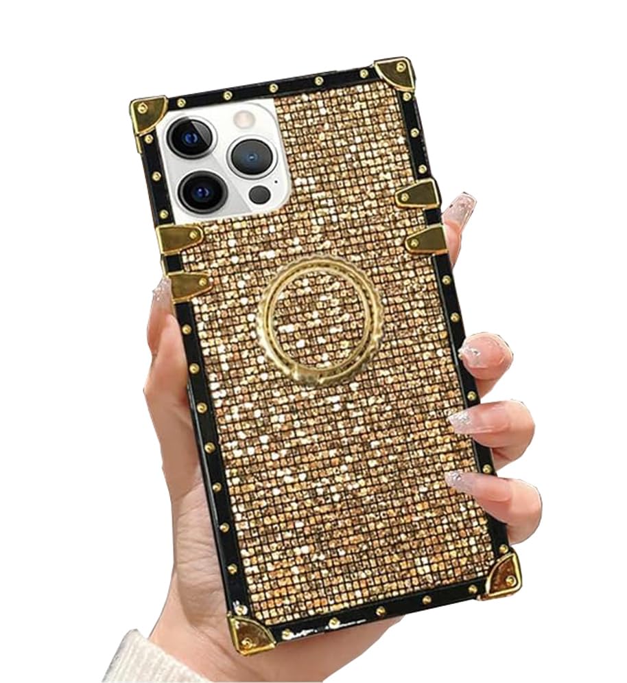 Luxury Glitter Bling Case for iPhone 12/12 Pro - Elegant Gold Trunk Box Design with Soft TPU Cover & Finger Ring Grip Kickstand | Perfect Cute Phone Skin for Women & Girls | Ideal for Parties, Dating & Everyday Use
