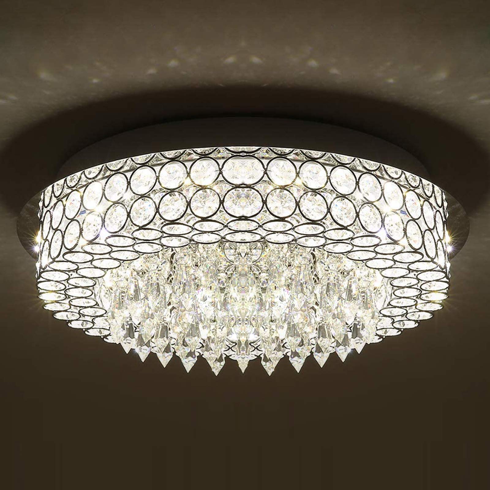 TFCFL Crystal LED Chandelier - Modern Flush Mount Raindrop Ceiling Light Fixture for Bedroom, Living Room, Dining Room | Energy-Efficient Dimmable Lighting for Home Decor