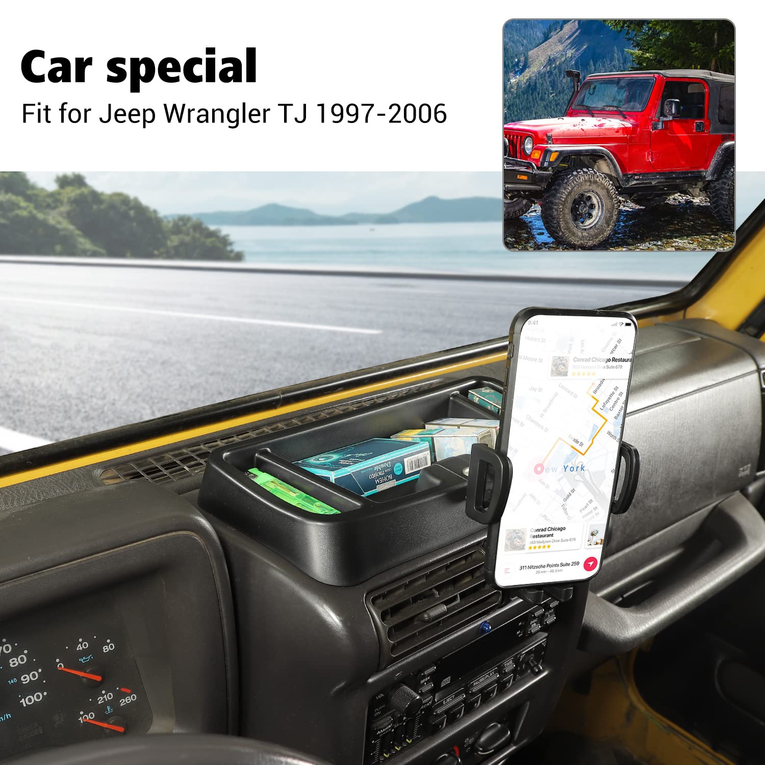Jeep Wrangler TJ 1997-2006 Car Phone Mount Holder with Storage Tray - Universal Dash-Mount Organizer for Smartphones - Perfect Interior Accessory for Off-Road Adventures & Daily Commutes