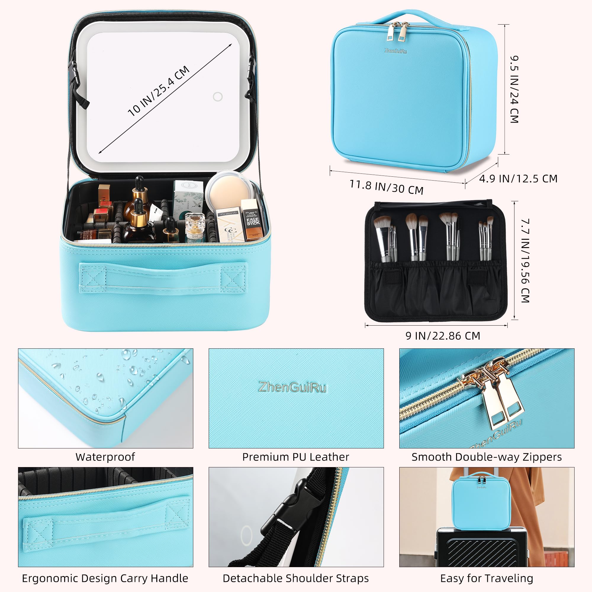 LED Makeup Travel Bag with Lighted Mirror - Portable Cosmetic Organizer for Brushes & Makeup Storage - Perfect Gift for Women - Ideal for Travel, Home & Professional Use