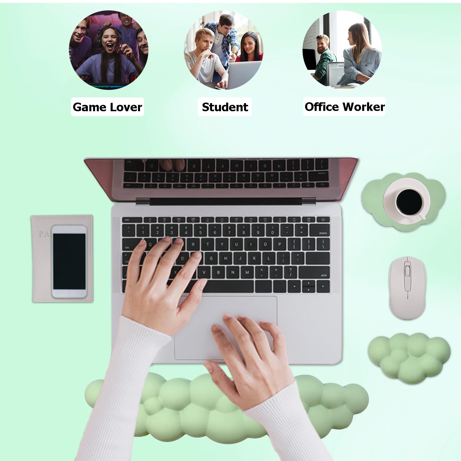 Ergonomic Keyboard Wrist Rest - PU Leather Memory Foam Cloud Pad for Pain Relief, Gaming, Office, Laptop, and Typing, Pastel Green - Ideal for Home, Work, and Travel Use
