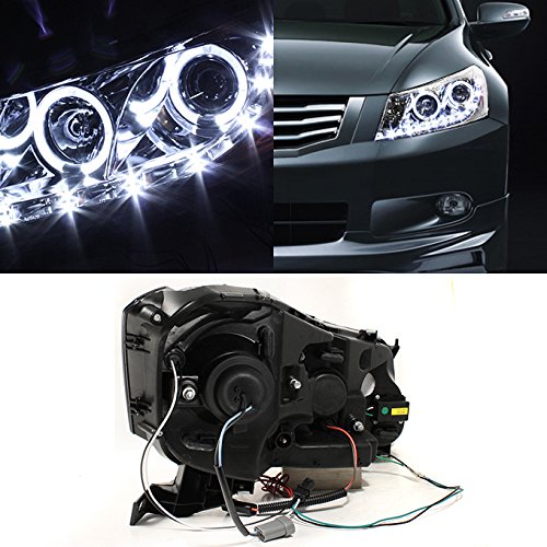 AKKON Chrome Clear Dual Halo Ring DRL LED Strip Projector Headlights for Honda Accord - Replacement Front Lamps for Improved Visibility & Style | Perfect for Night Driving & Custom Car Upgrades