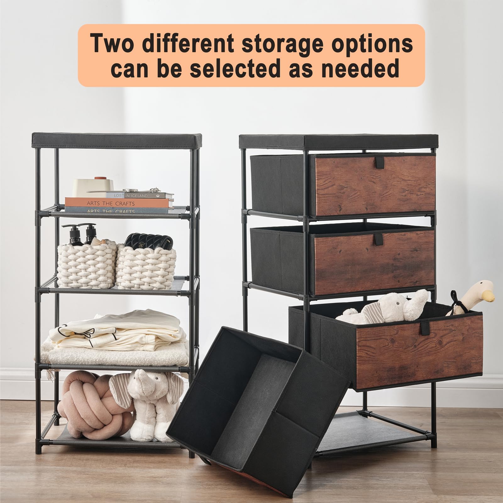 4-Drawer Fabric Storage Dresser - Small Clothes Organizer for Bedroom, Closet, Living Room & Dorm | Space-Saving Chest of Drawers in Tiger Wood Finish | Perfect for Apartment, Nursery & College Dorm Organization
