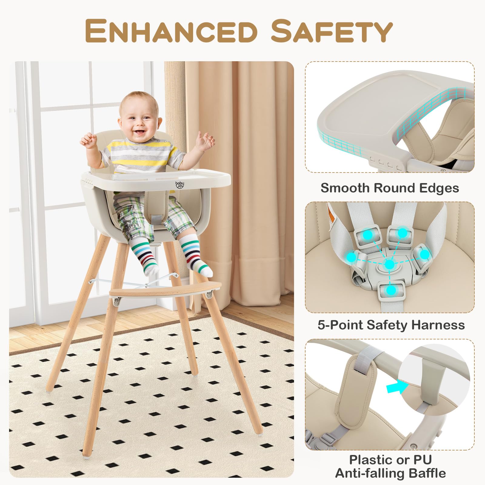 BABY JOY 3-in-1 Convertible Wooden High Chair - Adjustable Baby Highchair with Removable Tray, 5-Point Safety Harness, PU Cushion & Footrest - Infant to Toddler Booster Seat (Beige) - Perfect for Dining, Feeding & Playtime at Home