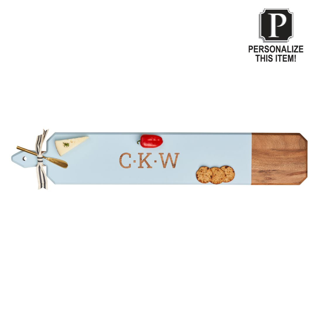 Personalized Acacia Heirloom Cutting Board with Handle - Light Blue Skinny Wooden Board 34