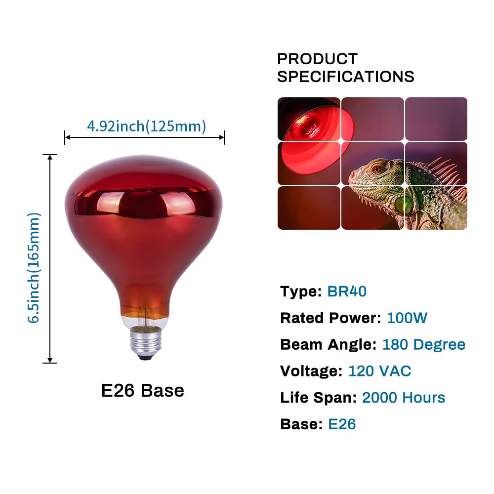 Infrared Heat Lamp Bulb 100W R40 Red Heat Light for Chicken Coop, Pet Warming, Bathroom Heating & Food Keeping - Brooder Bulb with Reflector (1 Pack) - Perfect for Poultry, Reptiles & Indoor Use