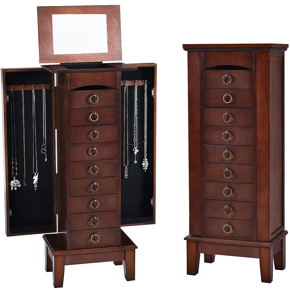 FANTASK Standing Jewelry Armoire Cabinet - Wooden Jewelry Storage Chest with Flip Top Mirror, 9 Drawers & 2 Side Doors - Large Bedroom Storage Organizer for Necklaces, Rings & Accessories - Perfect for Walk-in Closets, Dressing Rooms & Master Bedrooms (Walnut)