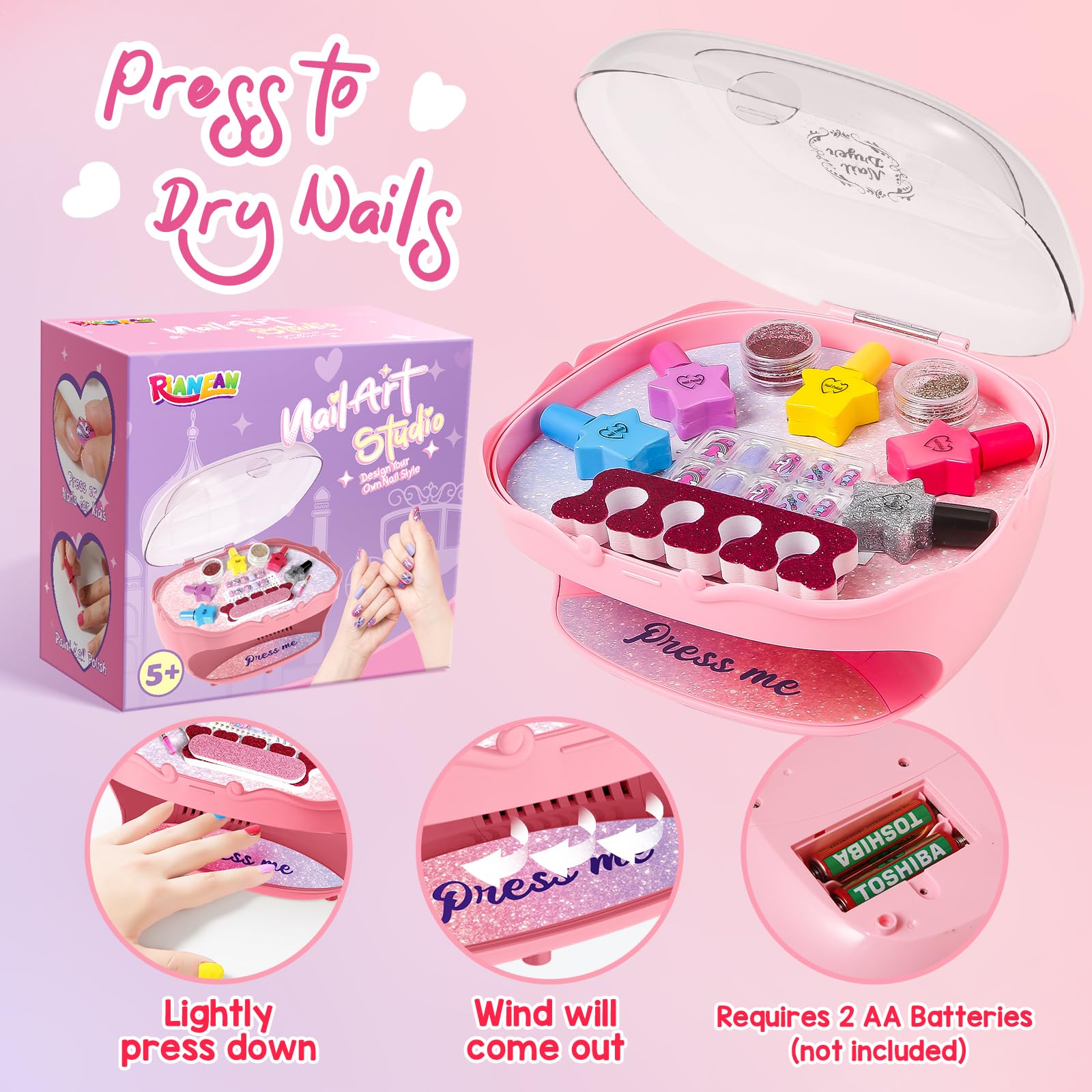 **Girls Nail Polish Set - 12 Colors Non-Toxic Nail Polish Kit with Nail Dryer, Fake Nails, Glitter & Toe Separator - Perfect Birthday Gift for Girls Ages 5-10 - Fun Nail Art for Kids Parties & Playtime**