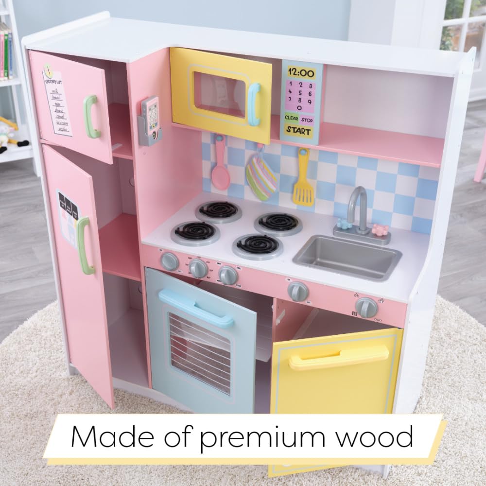 KidKraft Large Wooden Play Kitchen for Kids - Pastel Design with Turning Knobs, See-Through Doors & Play Phone - Pretend Cooking Toy for Ages 3+ - Perfect for Imaginative Play & Birthday Gifts
