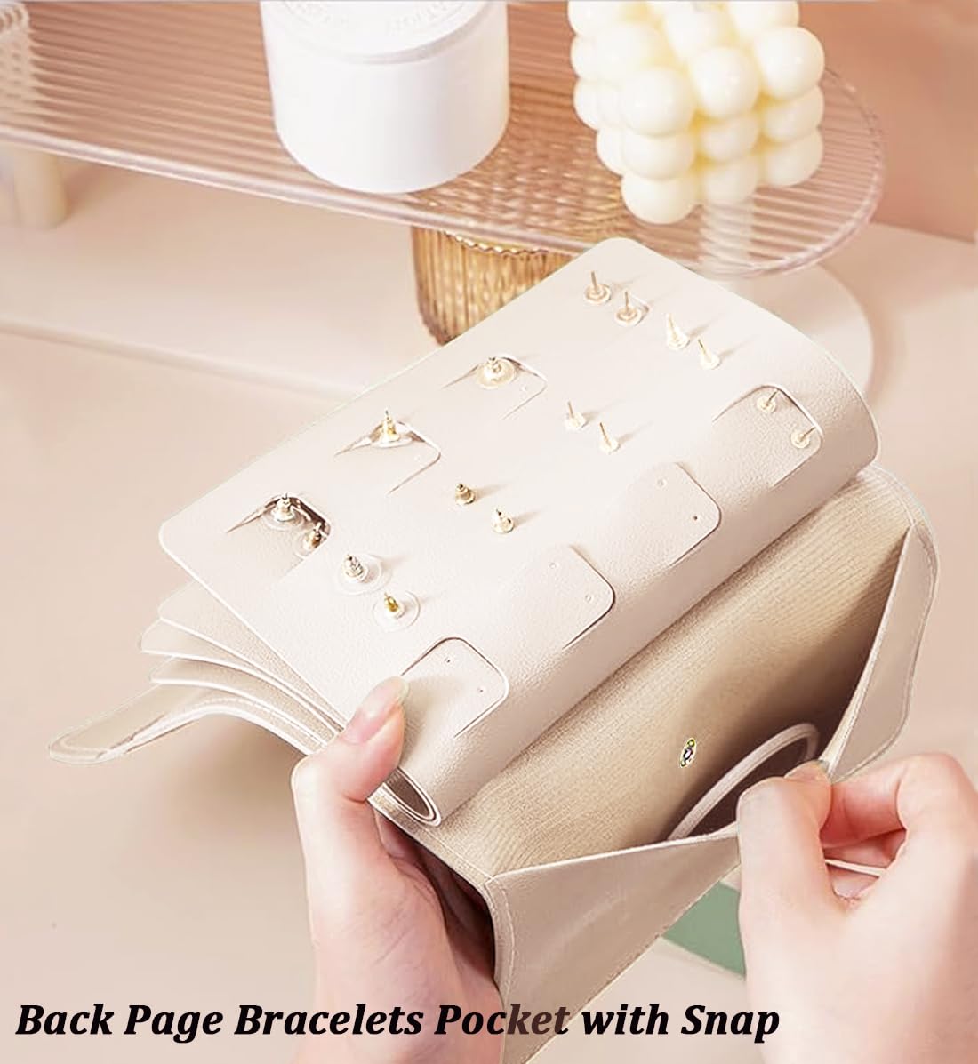42-Pair Travel Earring Organizer Book - Compact Stud Earring Storage Case for Women & Girls | Portable Jewelry Holder for Travel, Home, Office & Gifts (Beige)