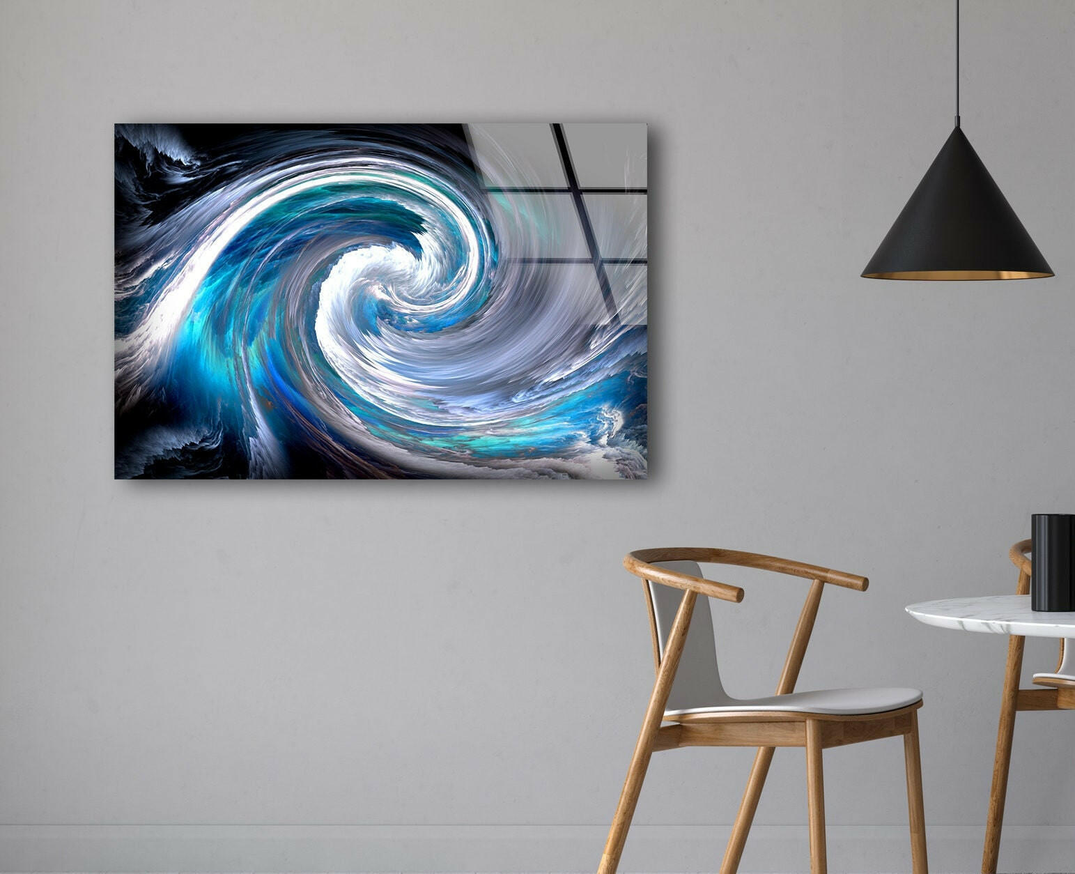 Blue Ocean Swirl Abstract Glass Wall Art - Handmade Modern Sea Wave Decor for Living Room, Bedroom & Office - Unique Home & Interior Design Gift Idea
