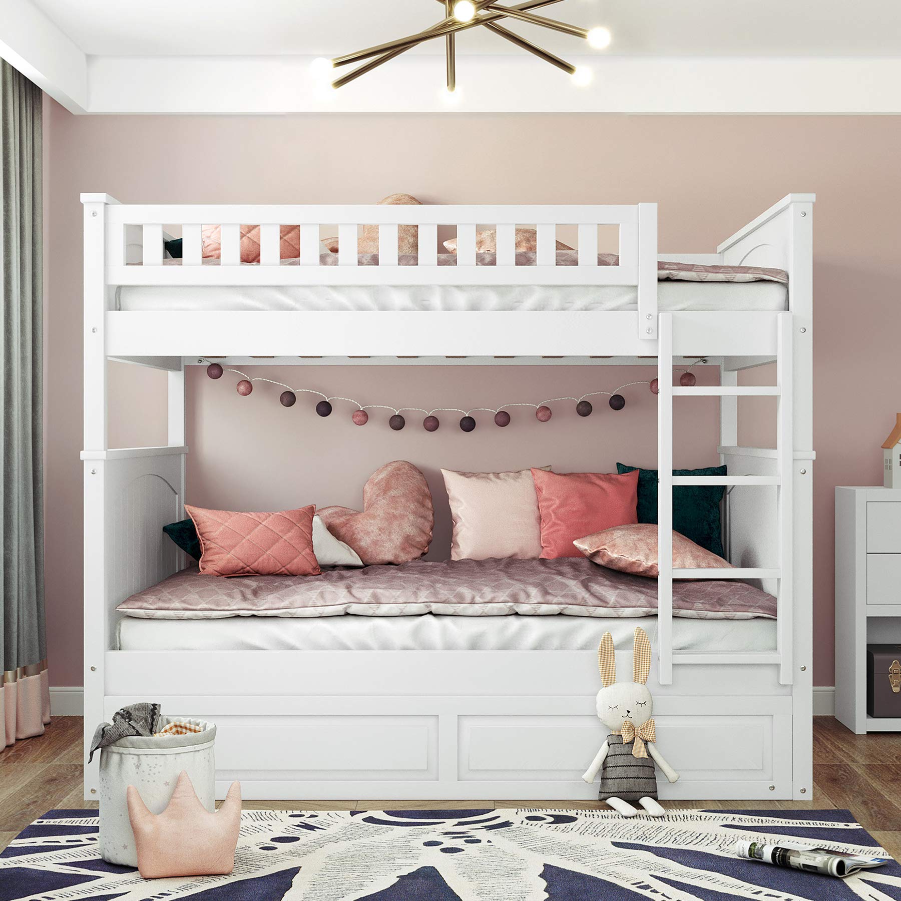 P PURLOVE Full Over Full Bunk Bed with Trundle - Solid Wood Bunk Bed Frame with Safety Guardrails for Kids & Teens - Space-Saving Bedroom Furniture for Small Rooms, Guest Rooms & Vacation Homes (White)
