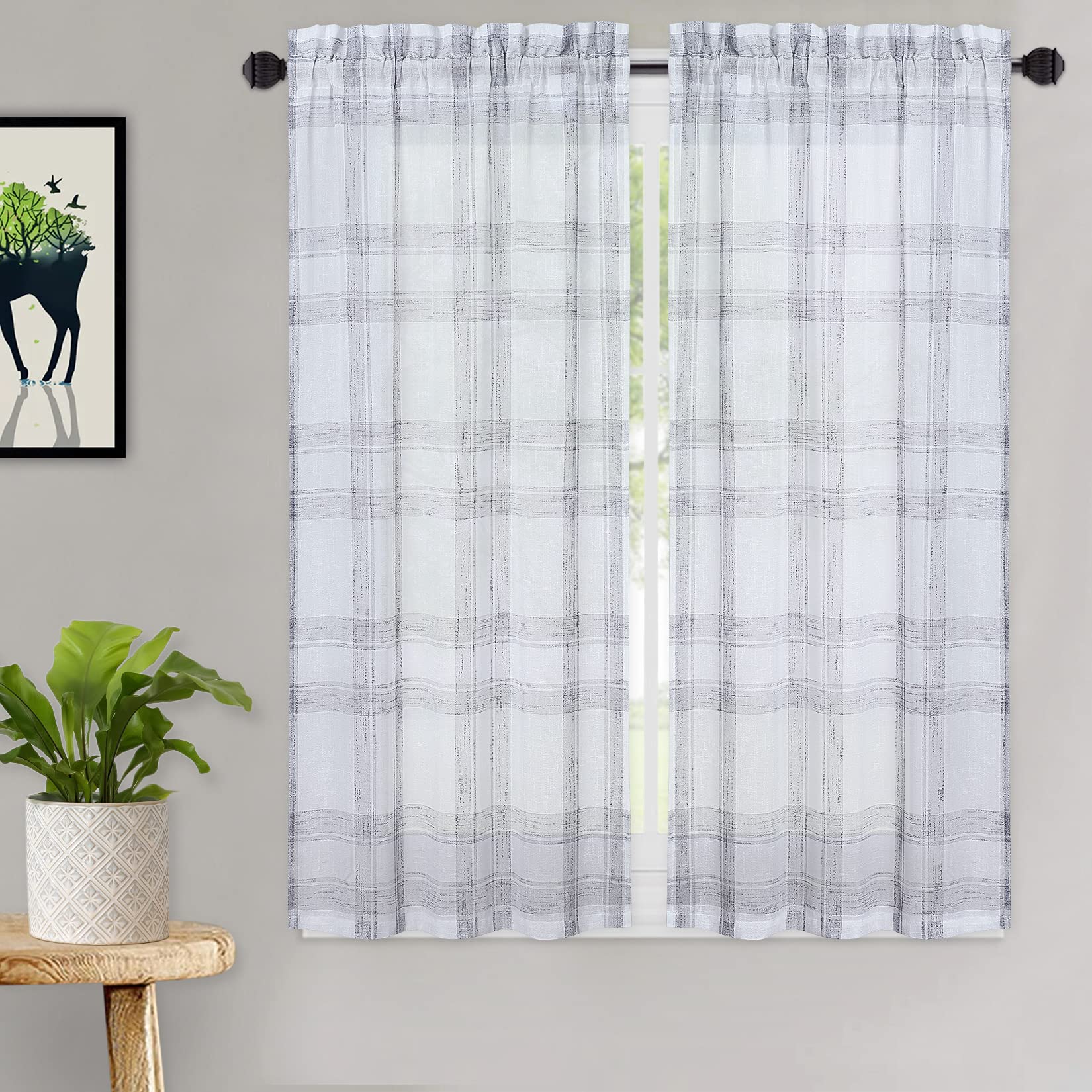 CAROMIO 45 Inch Kitchen Curtains - Buffalo Plaid Linen Look Semi-Sheer Cafe Curtains for Windows, Set of 2 Panels, Grey - Perfect for Kitchen, Bathroom, and Dining Room Decor