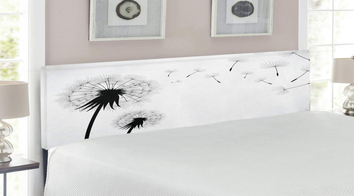 Ambesonne King Size Upholstered Headboard - Black & White Dandelion Floral Design with Memory Foam for Bedroom Decor | Romantic Monochrome Pattern Metal Bed Headboard | Perfect for Master Bedroom, Guest Room & Home Staging
