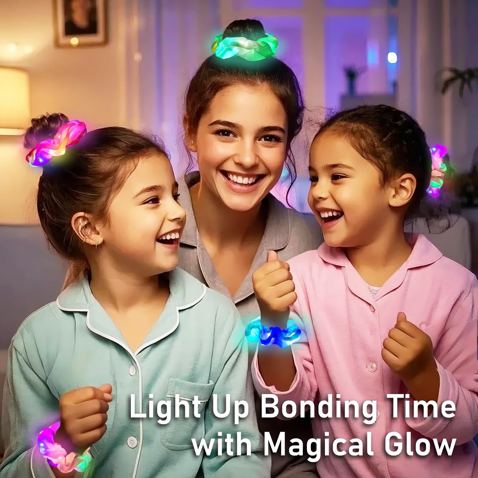 8PCS LED Light Up Scrunchies for Girls - Glow in the Dark Hair Accessories with 3 Lighting Modes, Satin Hair Bands for Birthday Parties, Rave, Festivals & Sleepovers - Perfect for Nighttime Events, Concerts and Glow Parties