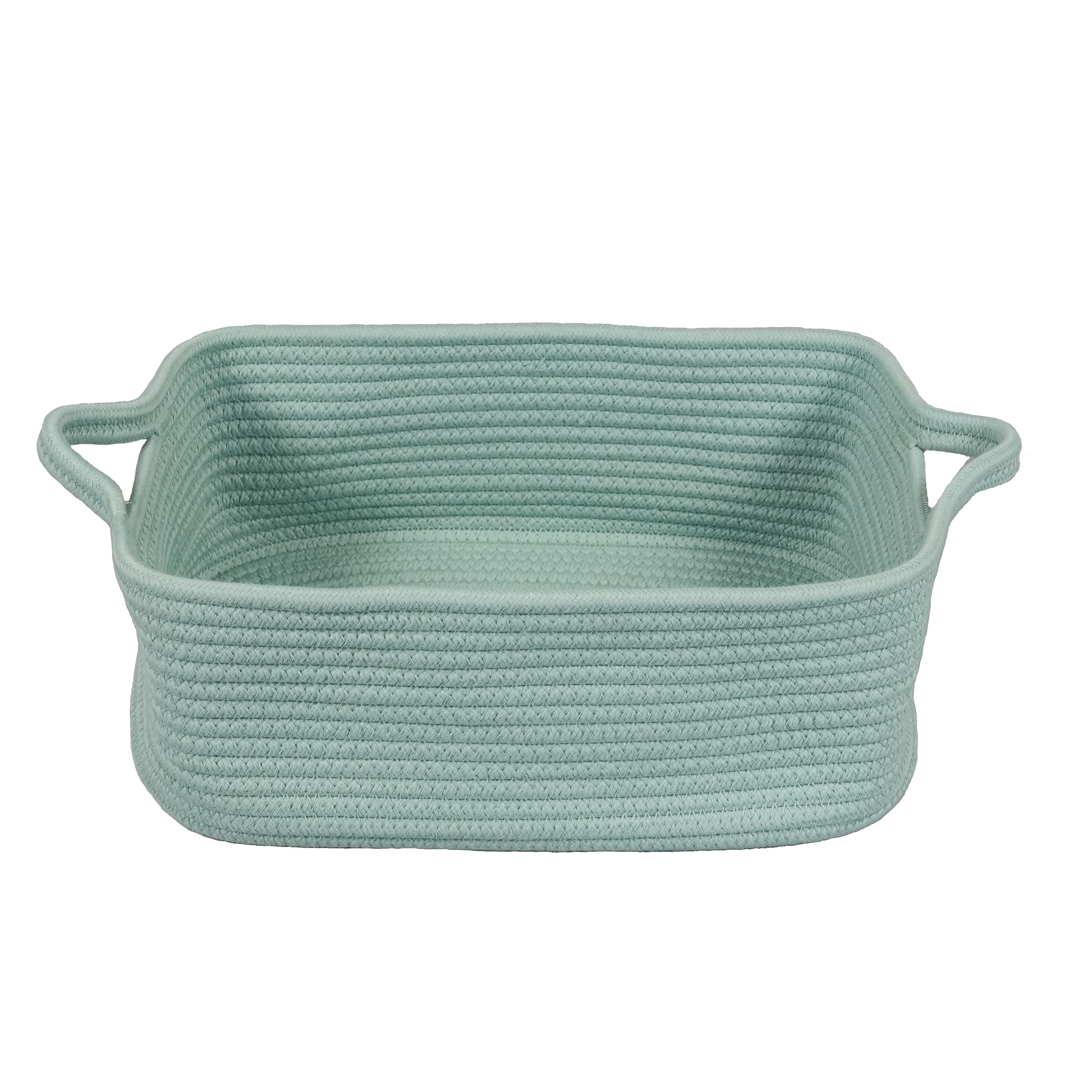 XUANGUO Woven Cotton Rope Storage Basket with Handles - Decorative Organizer for Shelves, Closet, Nursery | Pet Toy Bin & Gift Basket | Light Green Rectangle Design for Home Organization & Baby Room Decor